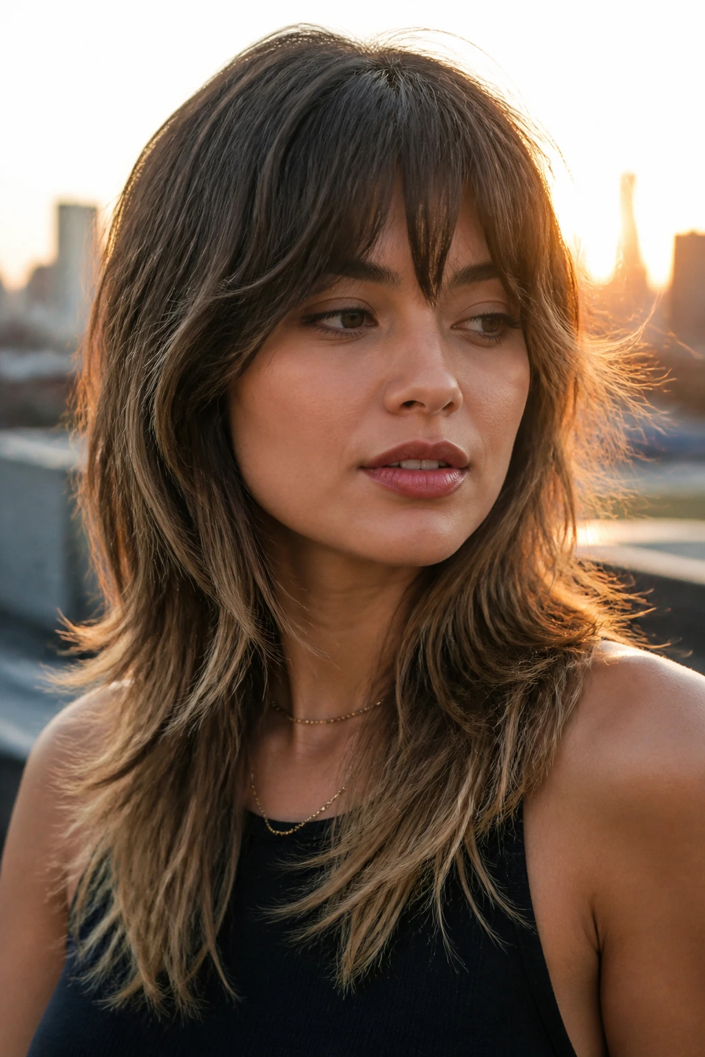 Portrait of a real person with sliced-end shag showing lighter, airy ends