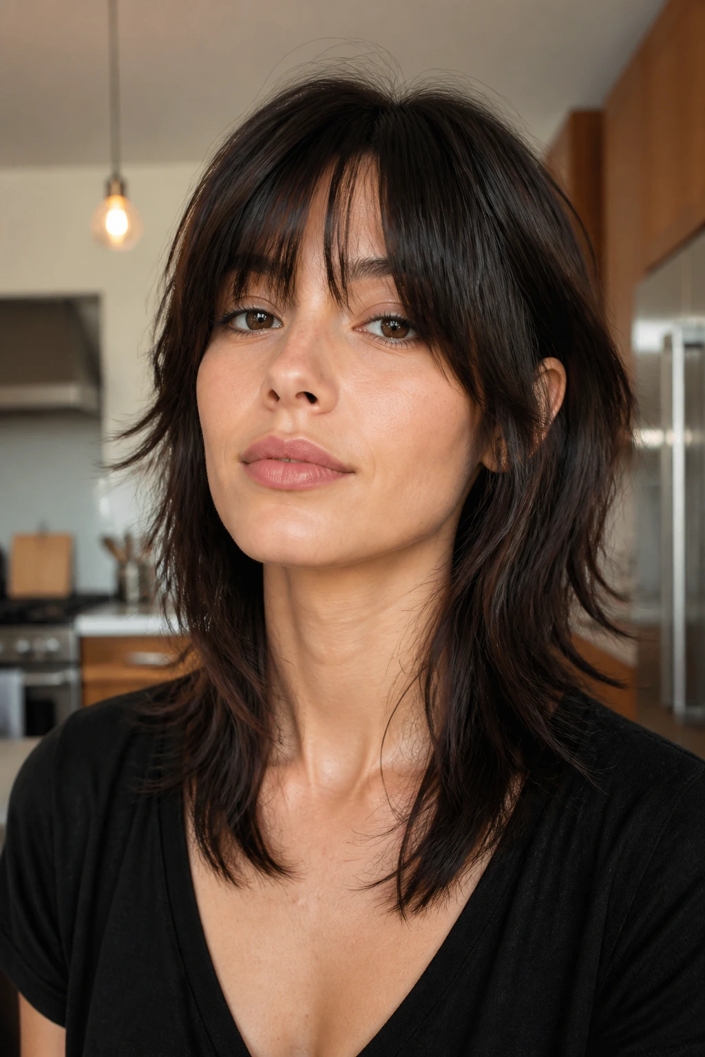 Close-up portrait of a real person with sliced ends wolf haircut in a modern kitchen