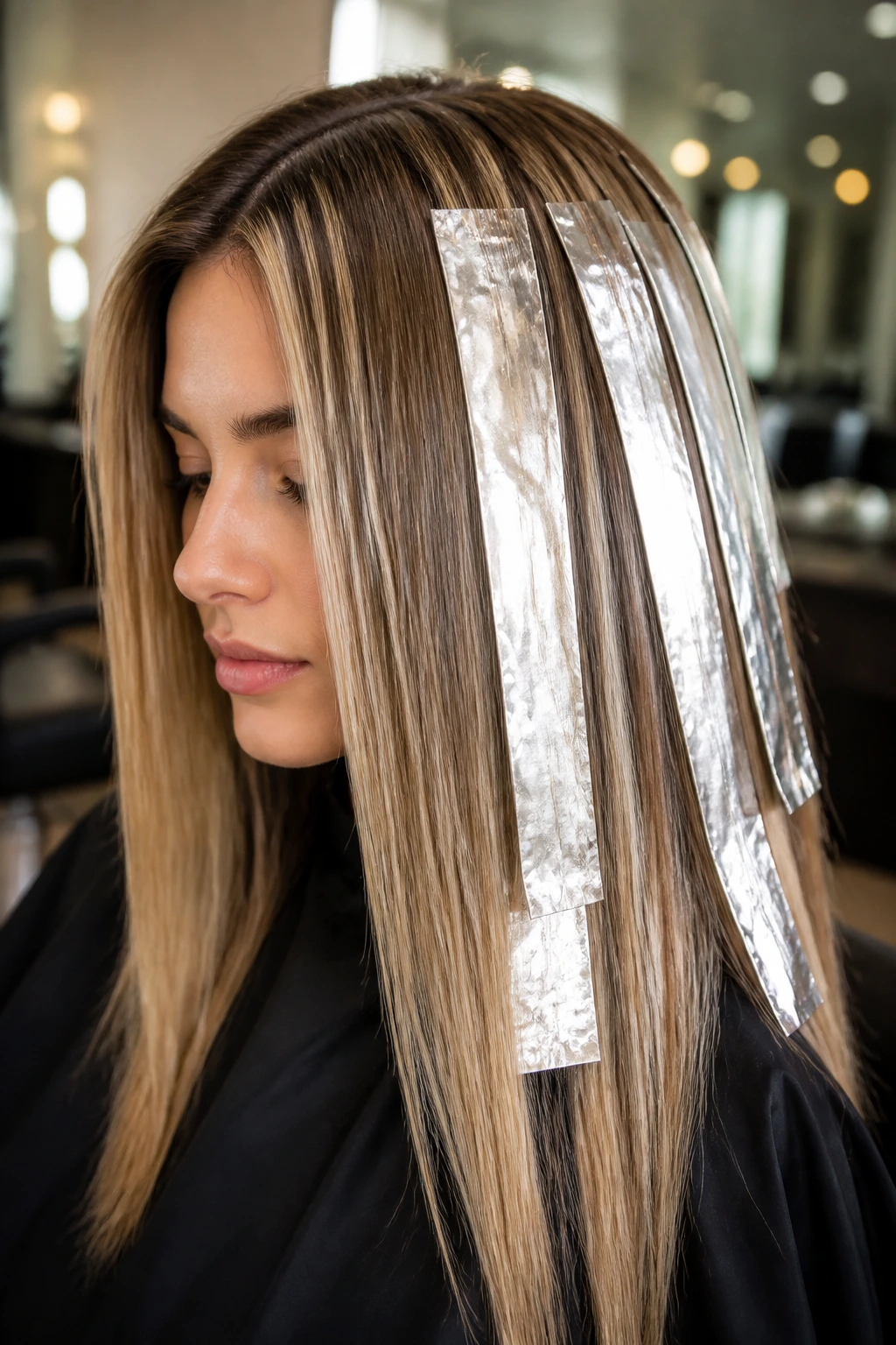 Close-up of a real woman with straight hair showing sliced foil highlights