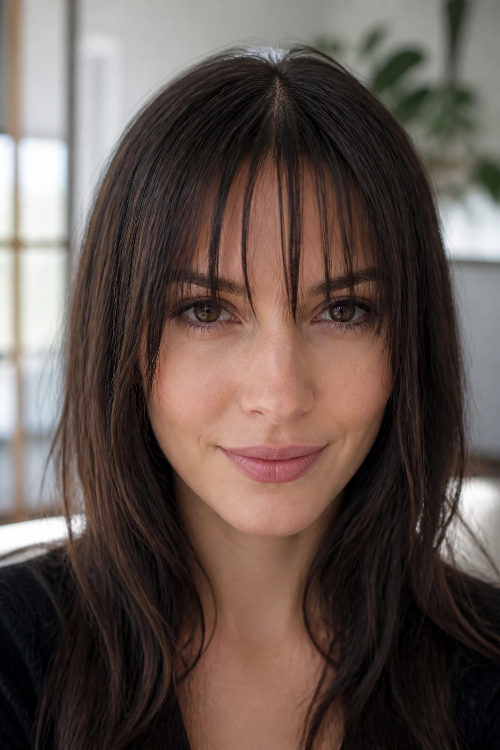 Close-up of a real woman with sliced fringe showing vertical separated pieces.
