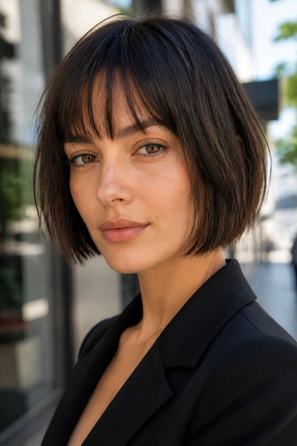 Close-up of real woman with sliced jawline bob and light bangs on city street