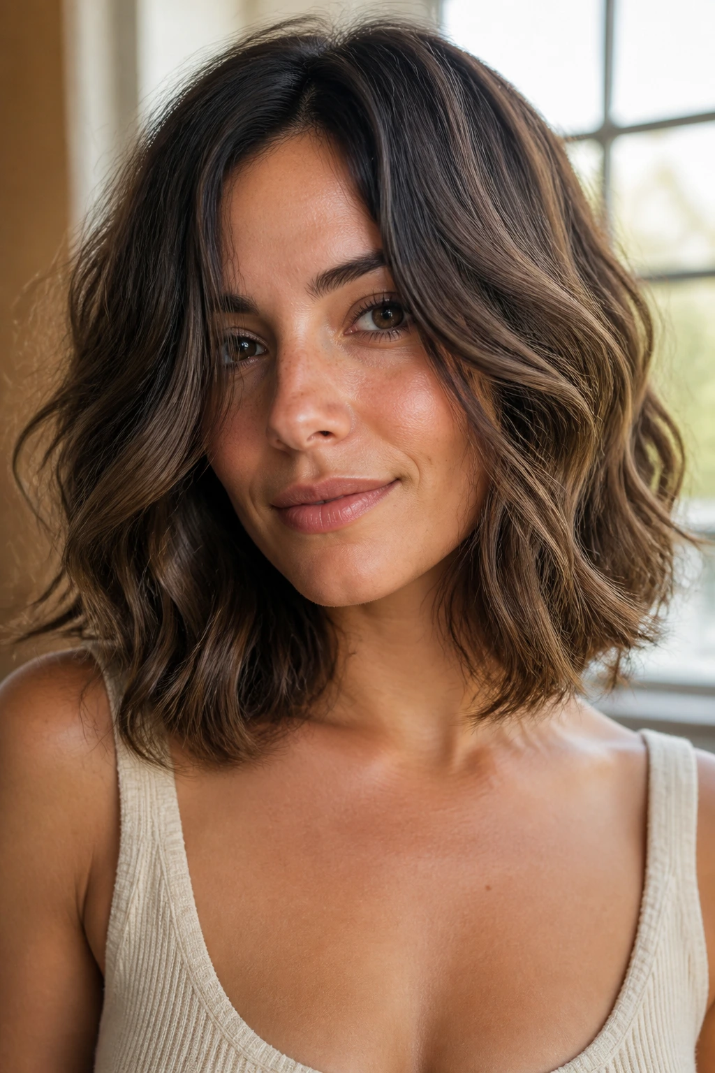 Close-up portrait of a real woman with sliced layers in a thick wavy lob
