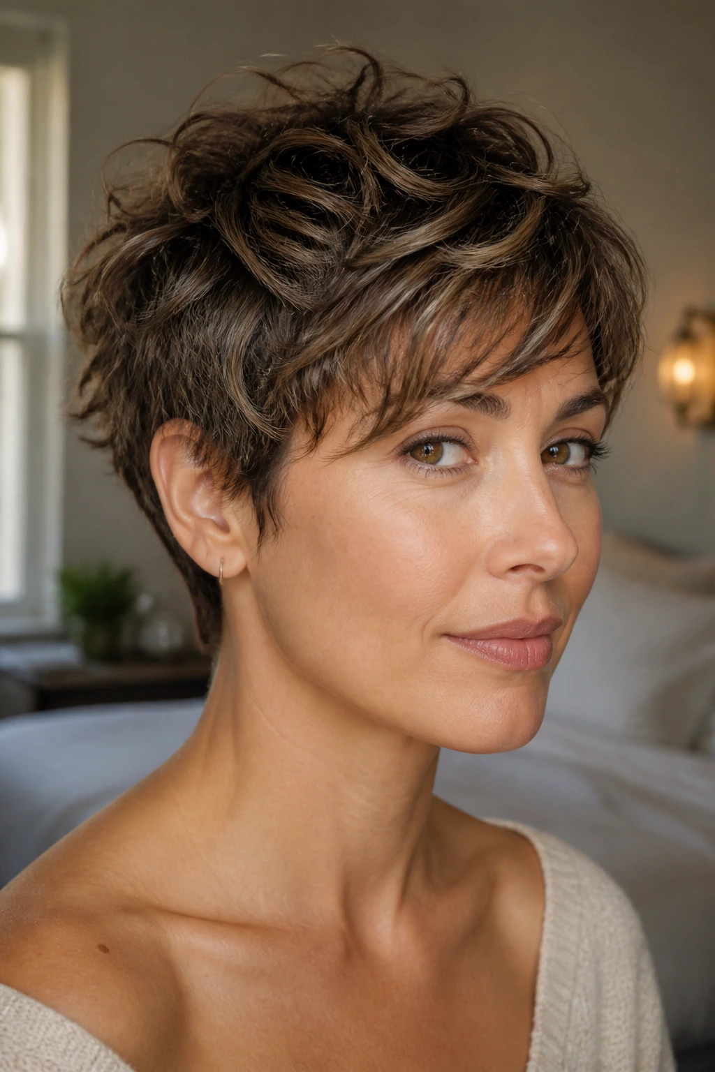 Close-up portrait of a real woman with sliced-layer pixie haircut and airy waves
