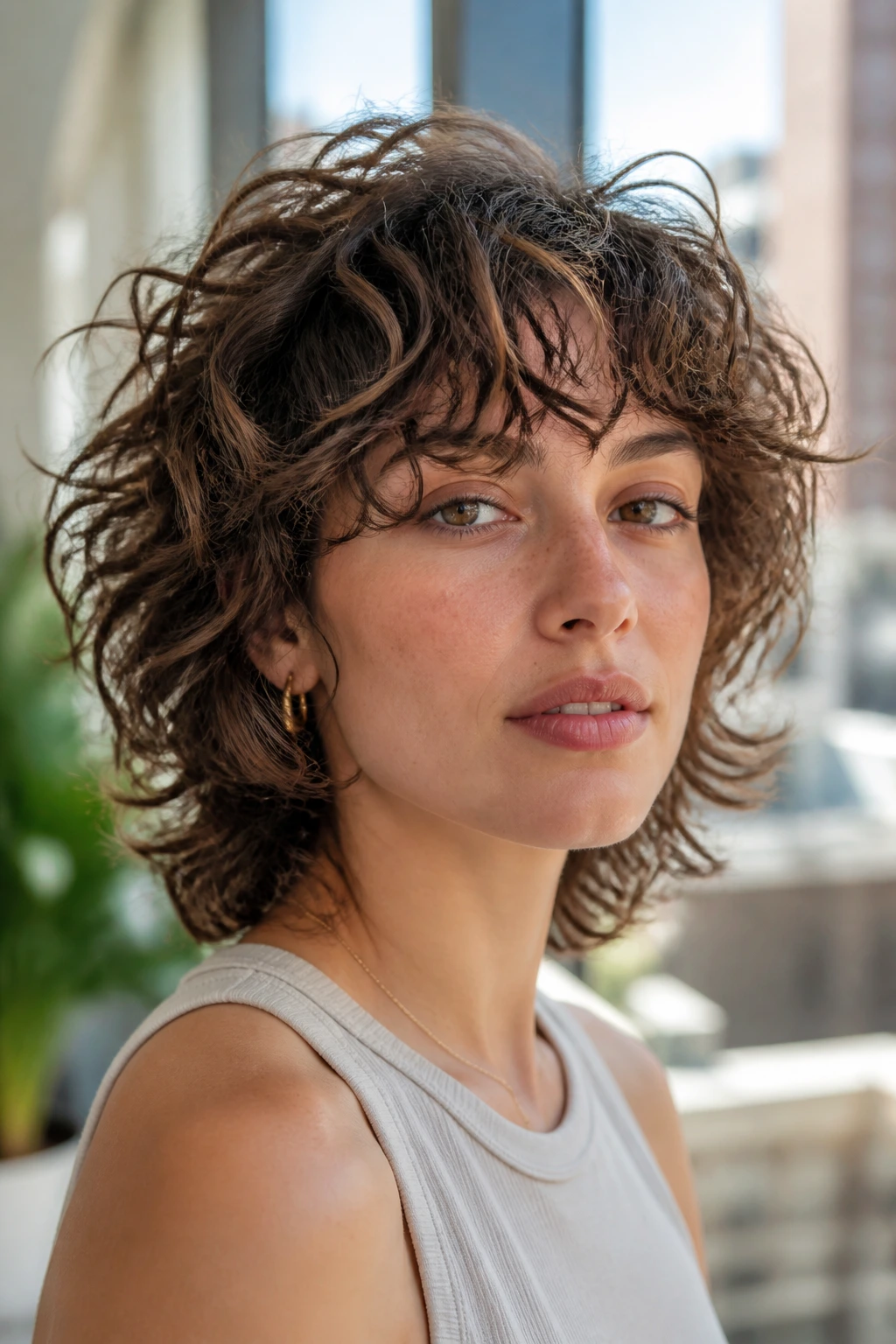 Close-up portrait of a real person showing sliced layers in curly hair in bright daylight
