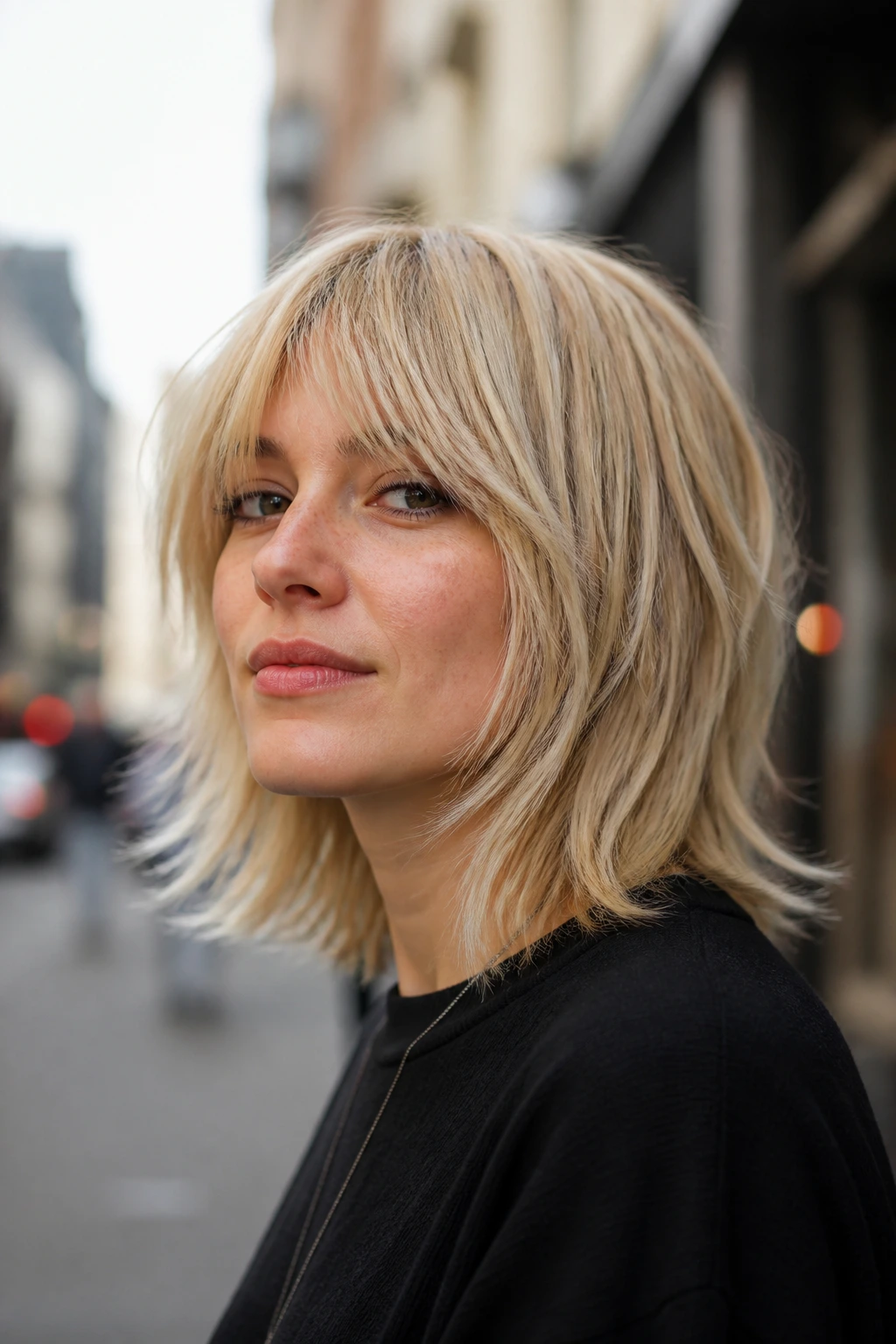 Close-up of a real woman with sliced layer shag on straight hair