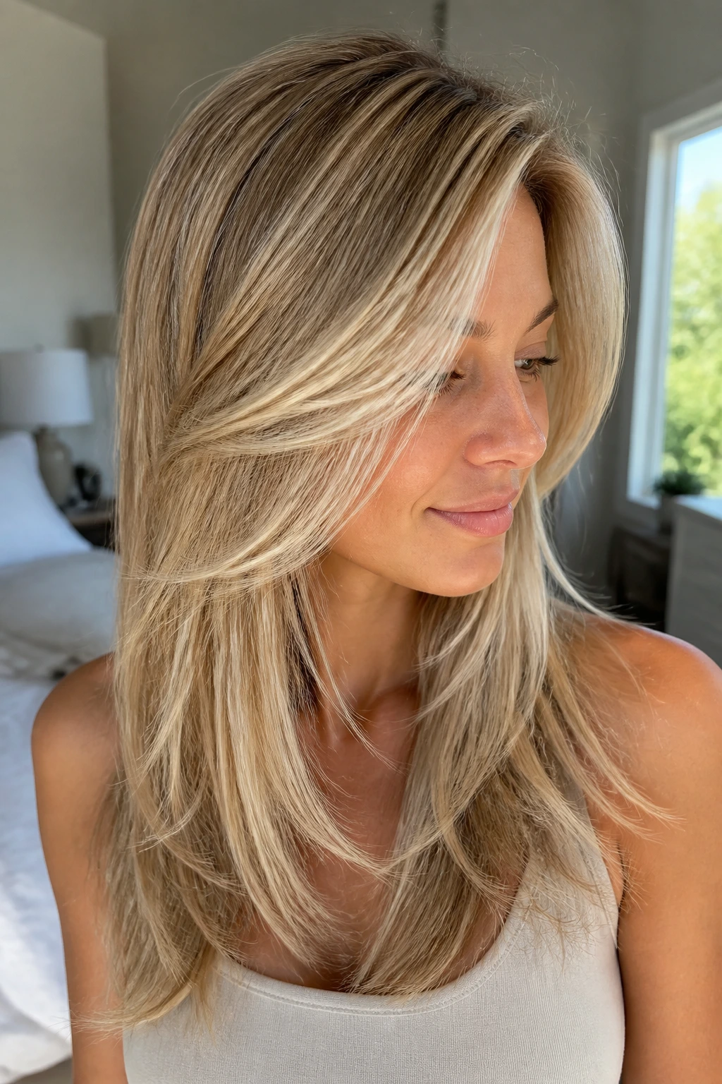 Close-up of a real woman with fine hair showing sliced layers and lift under bright daylight