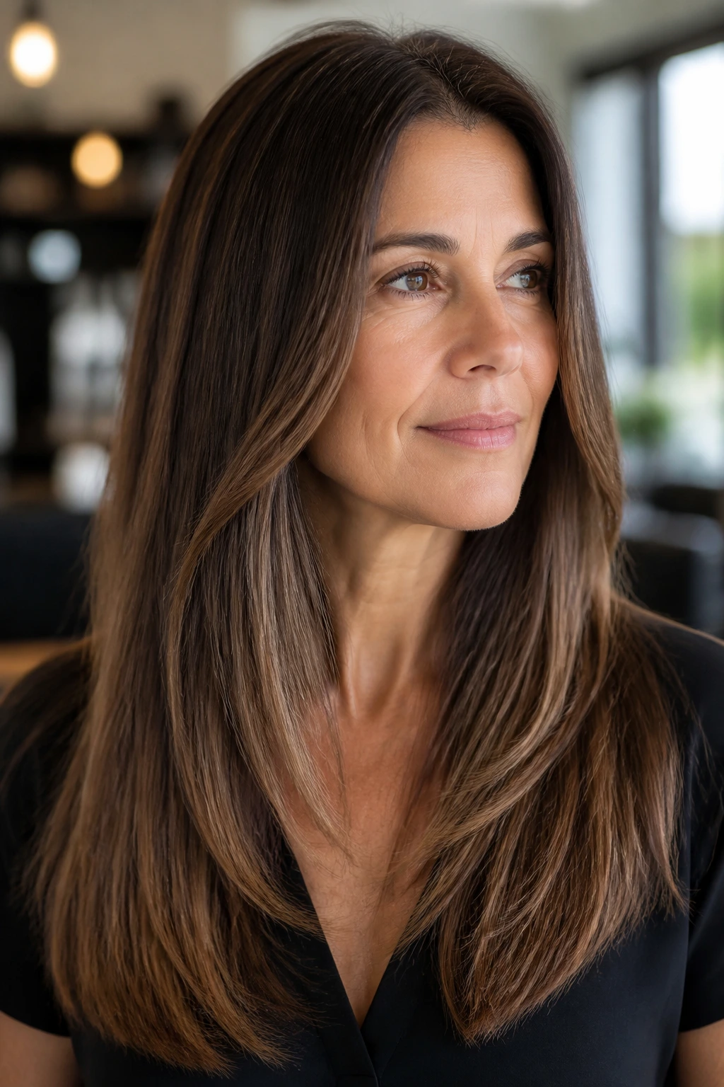Close-up of a real woman with thick straight hair showing sliced lower layers in a sunlit salon.