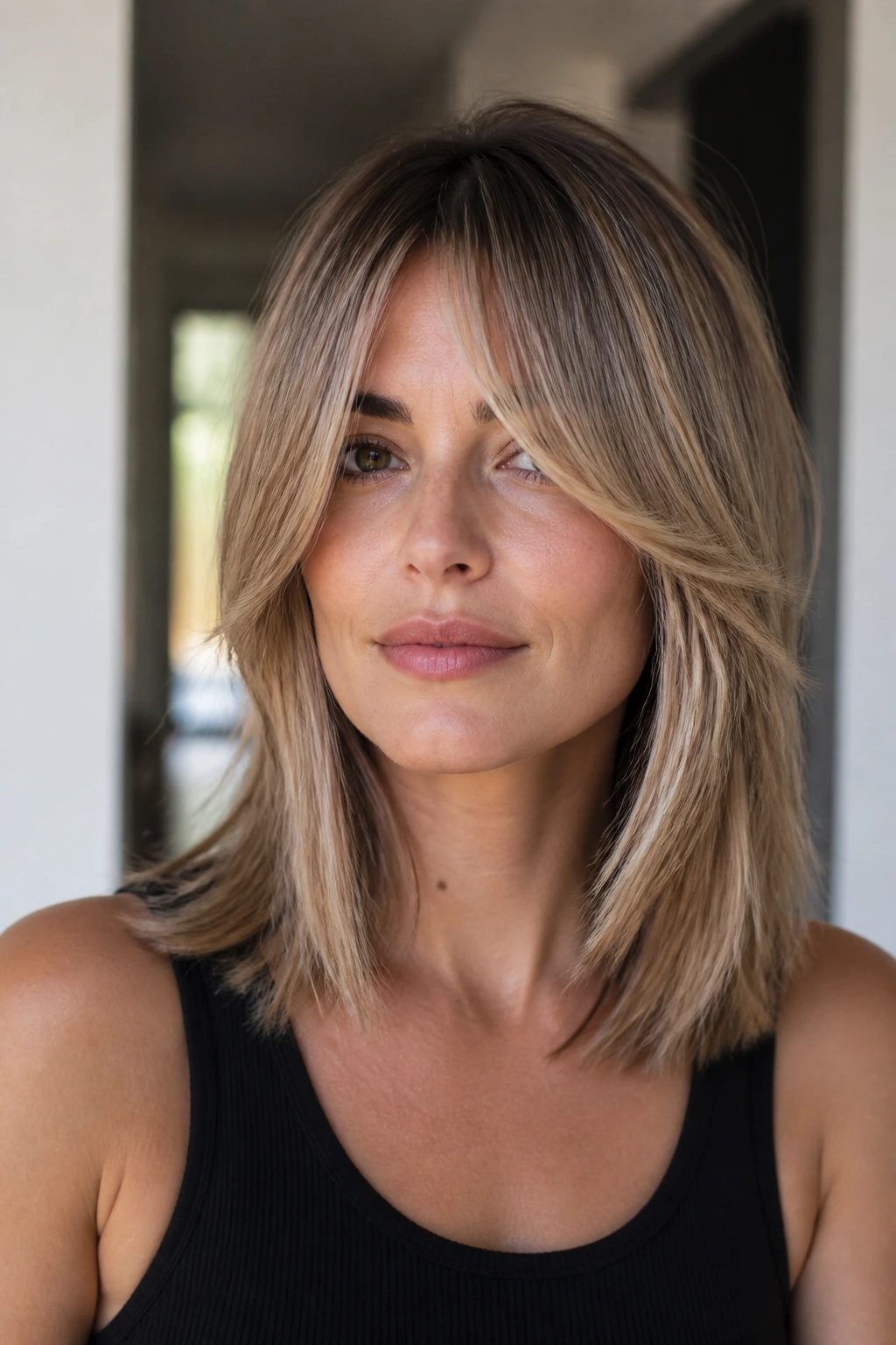 Close-up of a real woman with sliced lob and long curtain fringe in sunlit hallway.