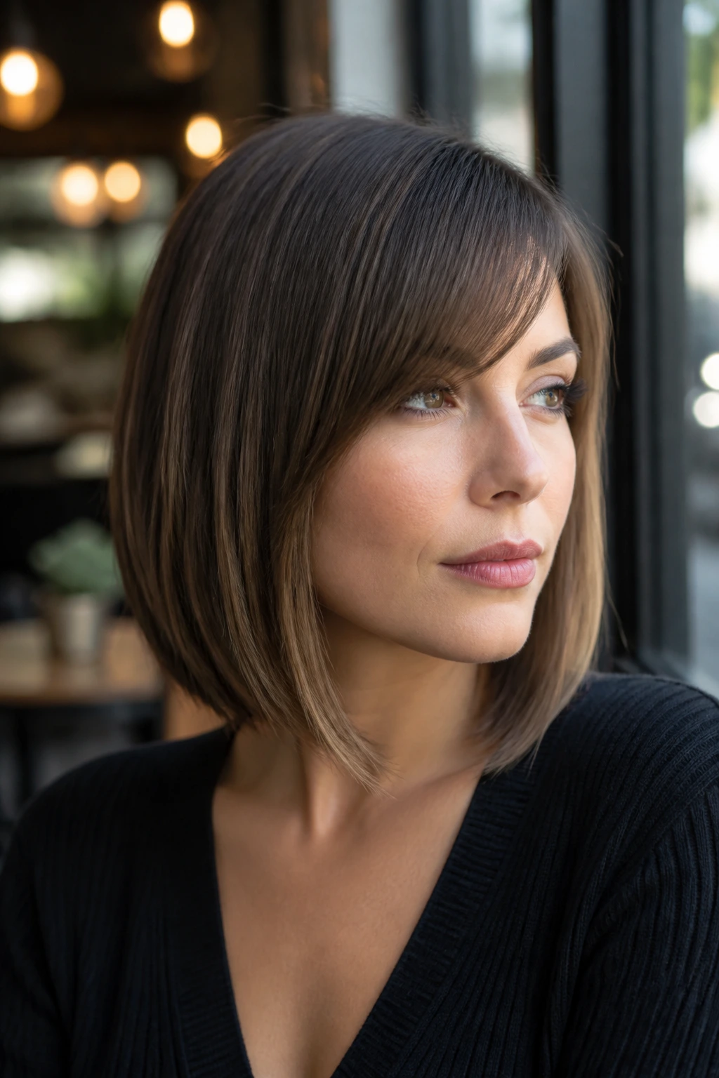 Close-up portrait of real person with sliced long bob and narrow side fringe in natural daylight