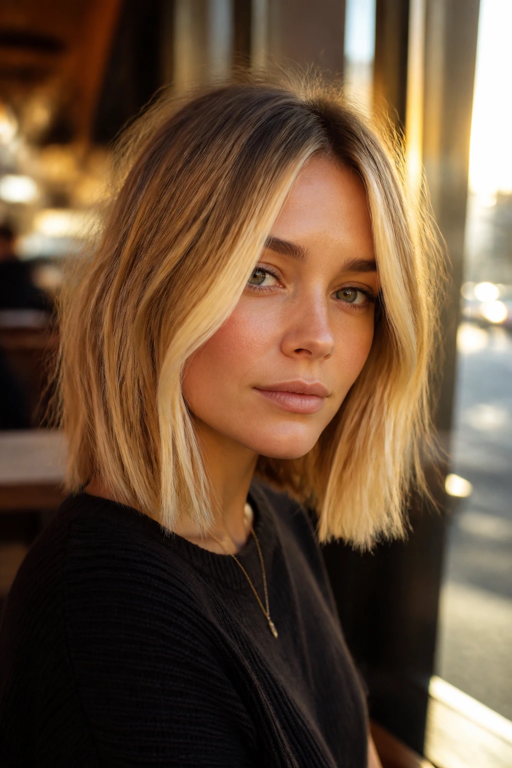 Close-up of a real woman with a sliced long bob and bright face frame