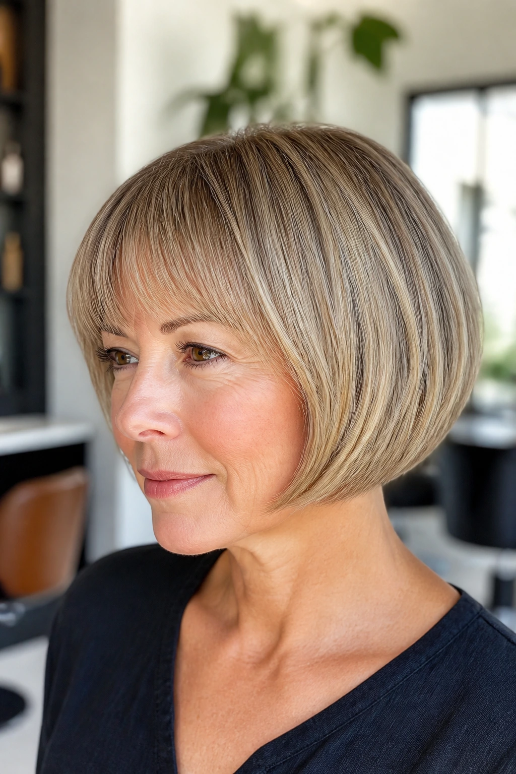 Portrait of a real person with a sliced pageboy haircut