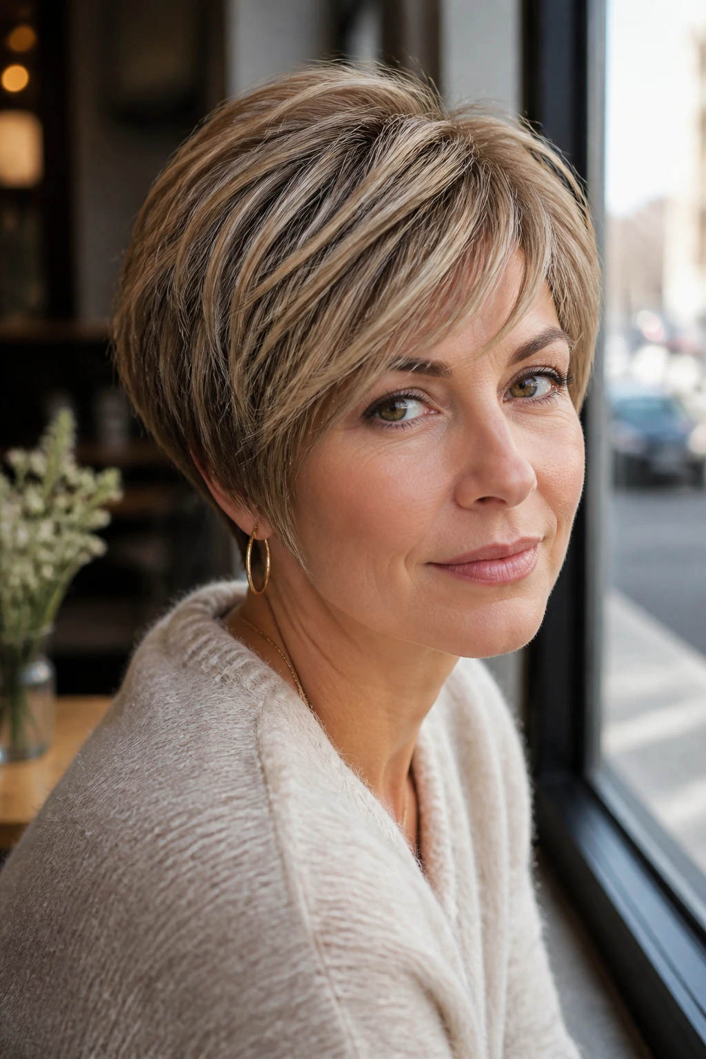 Close-up of a real woman with a sliced pixie bob in cafe daylight