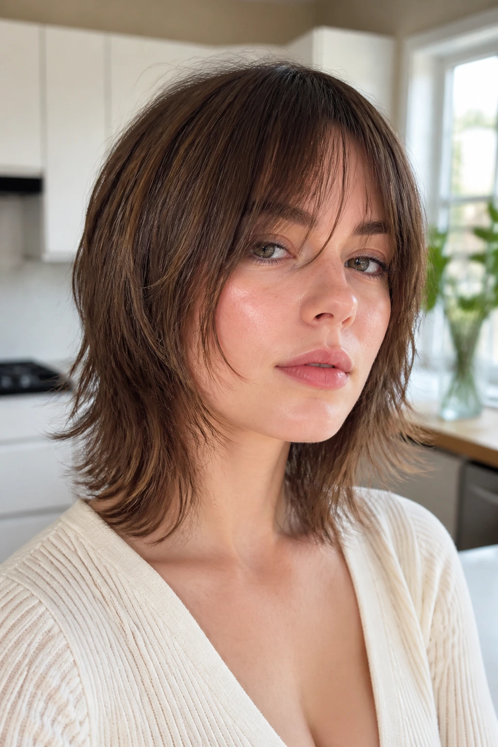 Close-up of a real person with sliced razor shag on straight hair