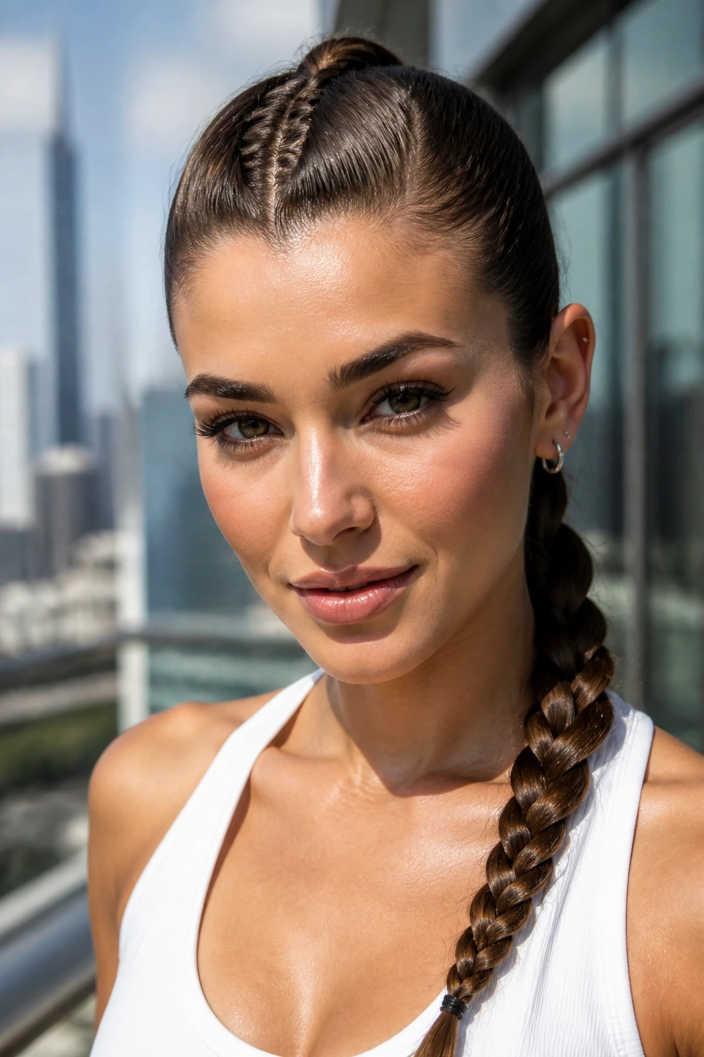 Close-up portrait of a real woman with a slick-back French braid and smooth front