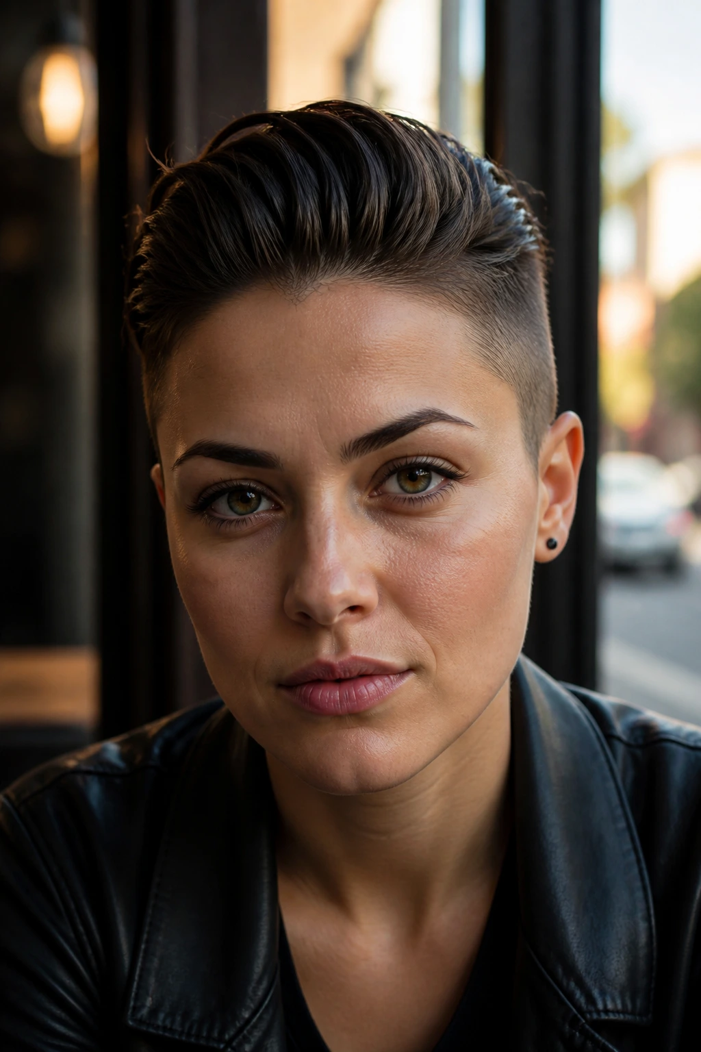 Portrait of a real woman with a slick-back crop and clean sides