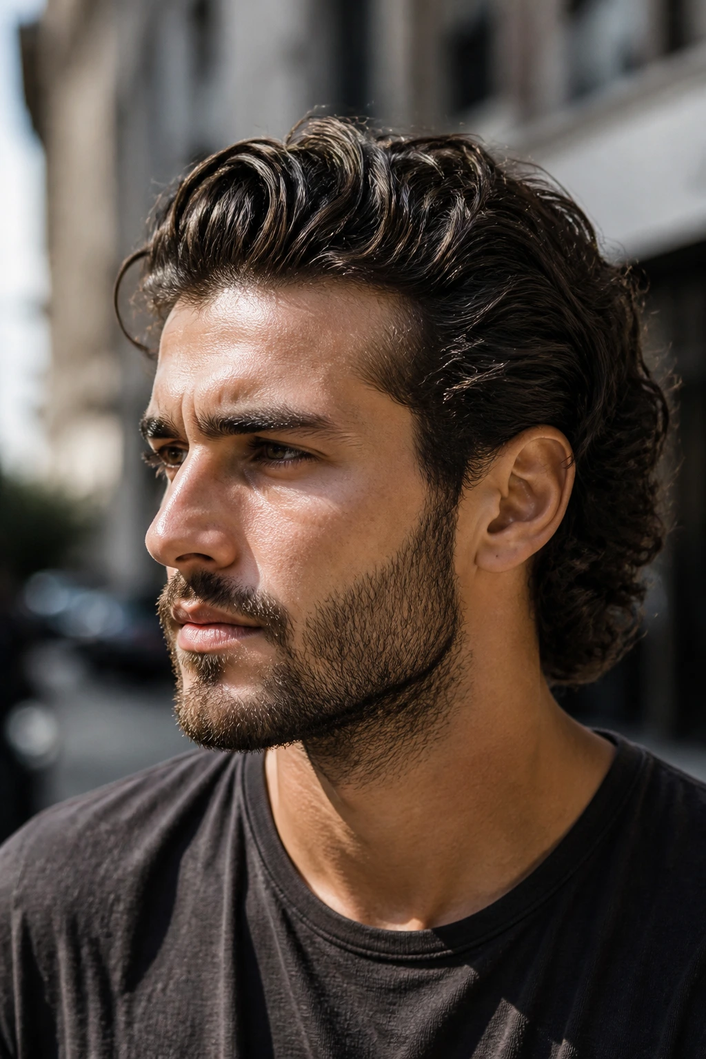 Portrait of a man with curls slicked back and natural bend