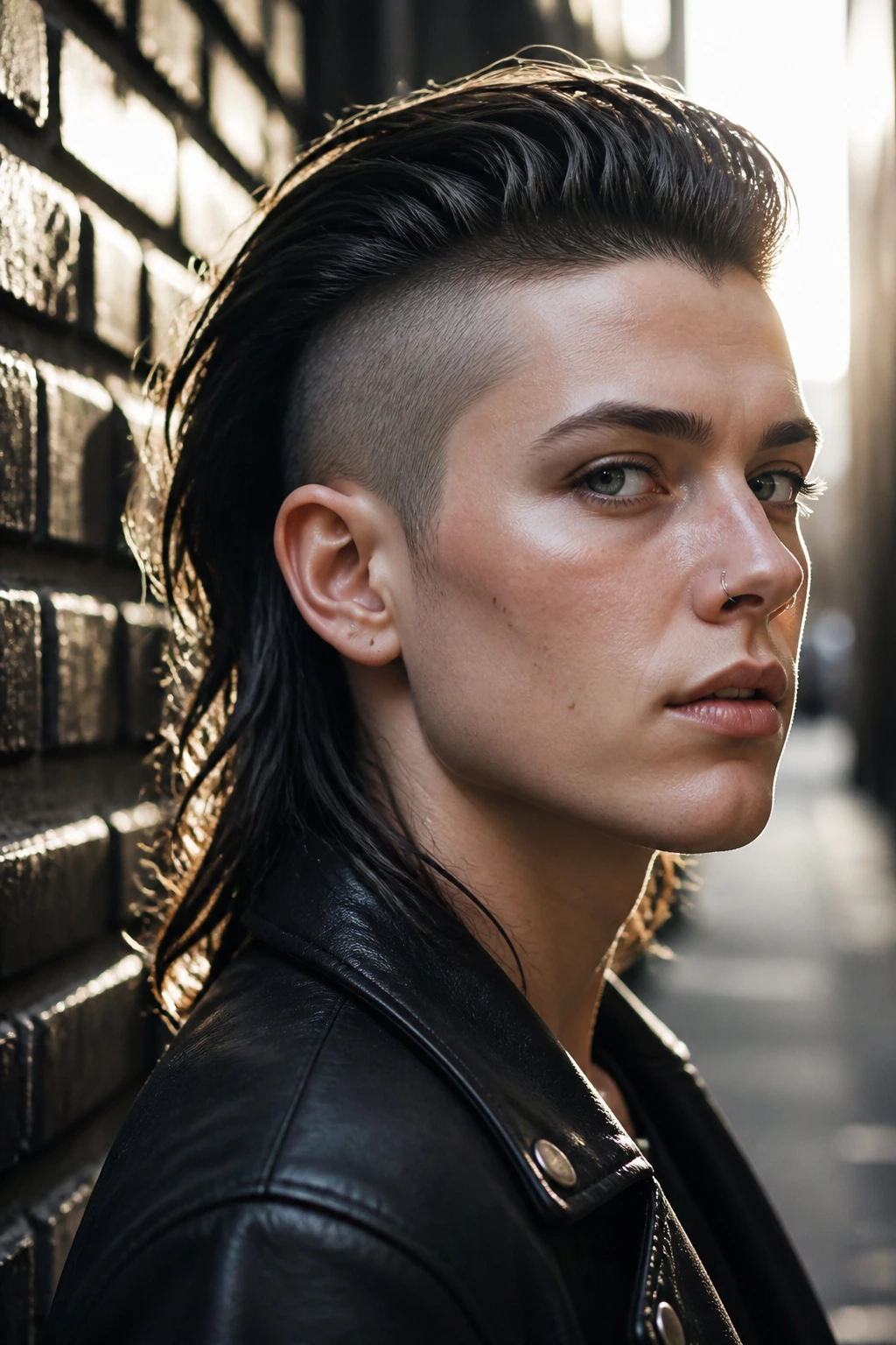 Close-up portrait of a real person with slick-back rebel cut and long top, sides clipped.
