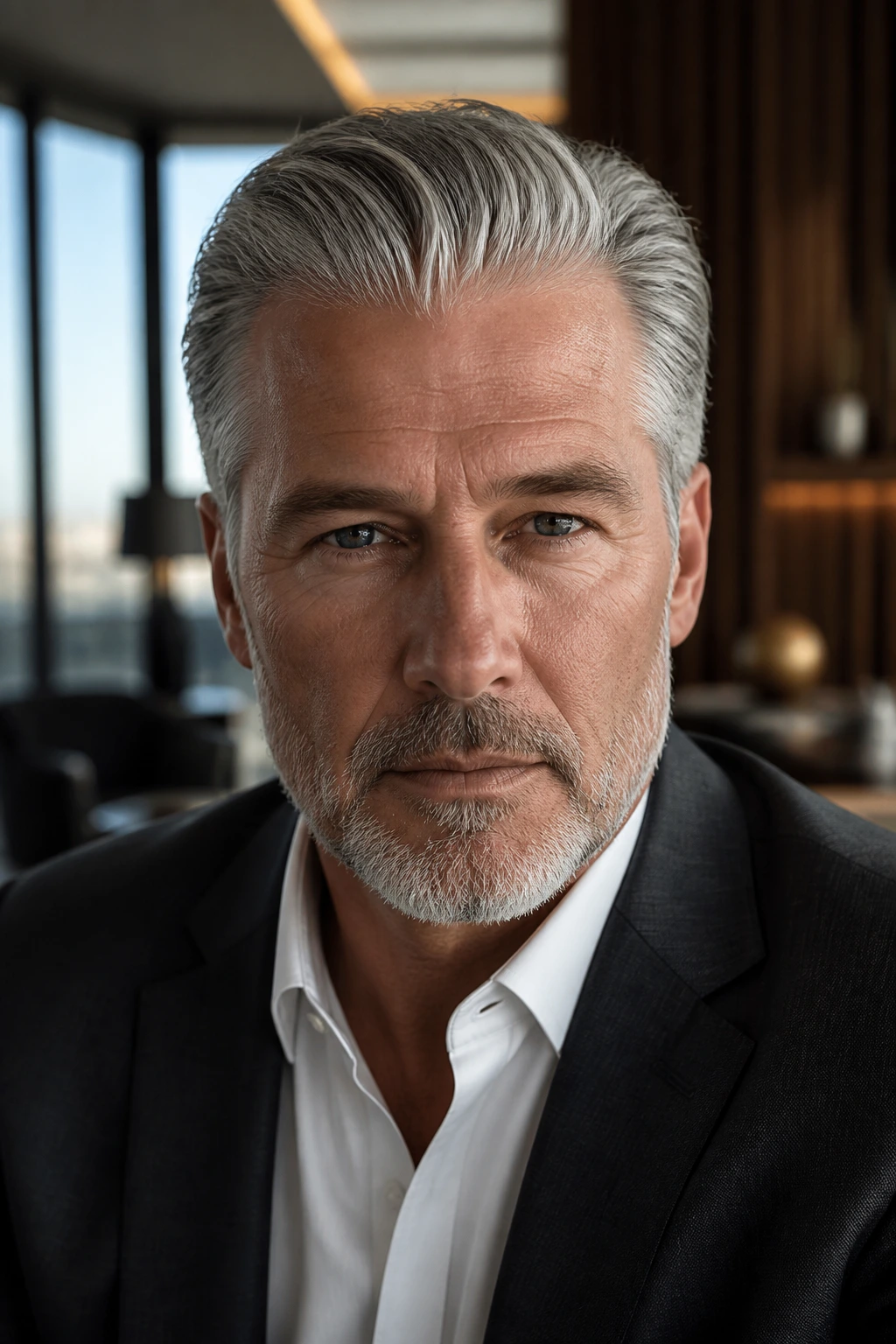 Close-up of man with slicked-back gray hair in an office setting