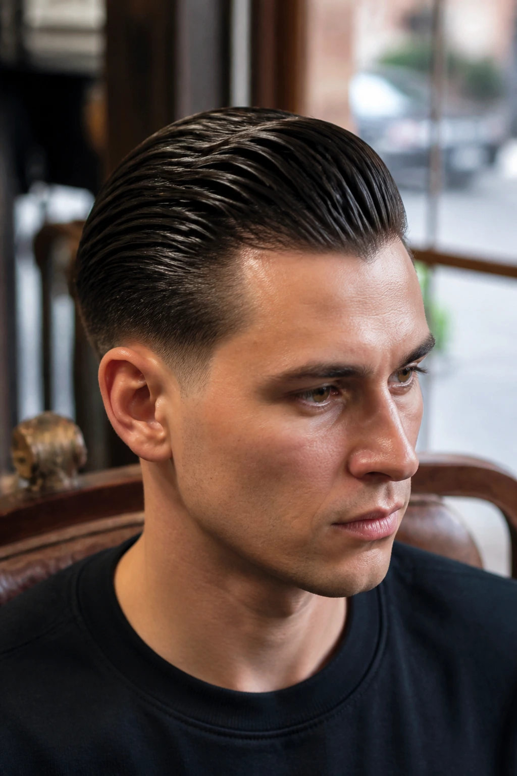Close-up of a man with slicked-back hair in a barbershop setting.