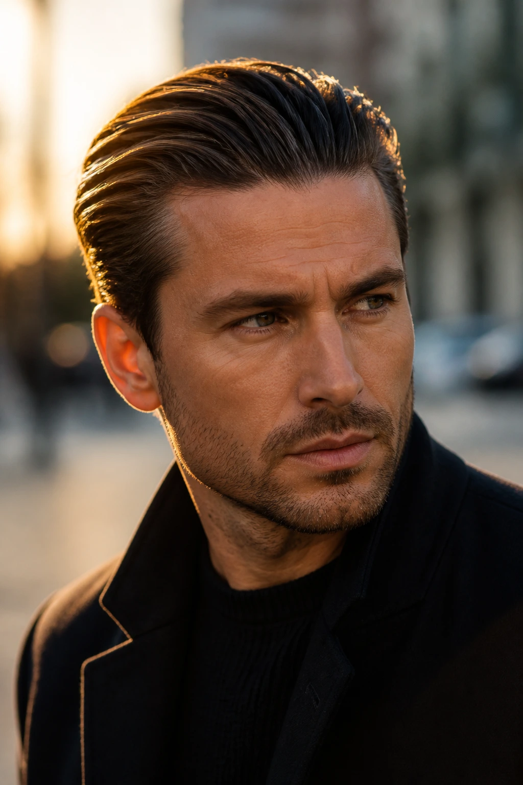 Close-up portrait of a man with a brushed-back slick hairstyle in urban golden light