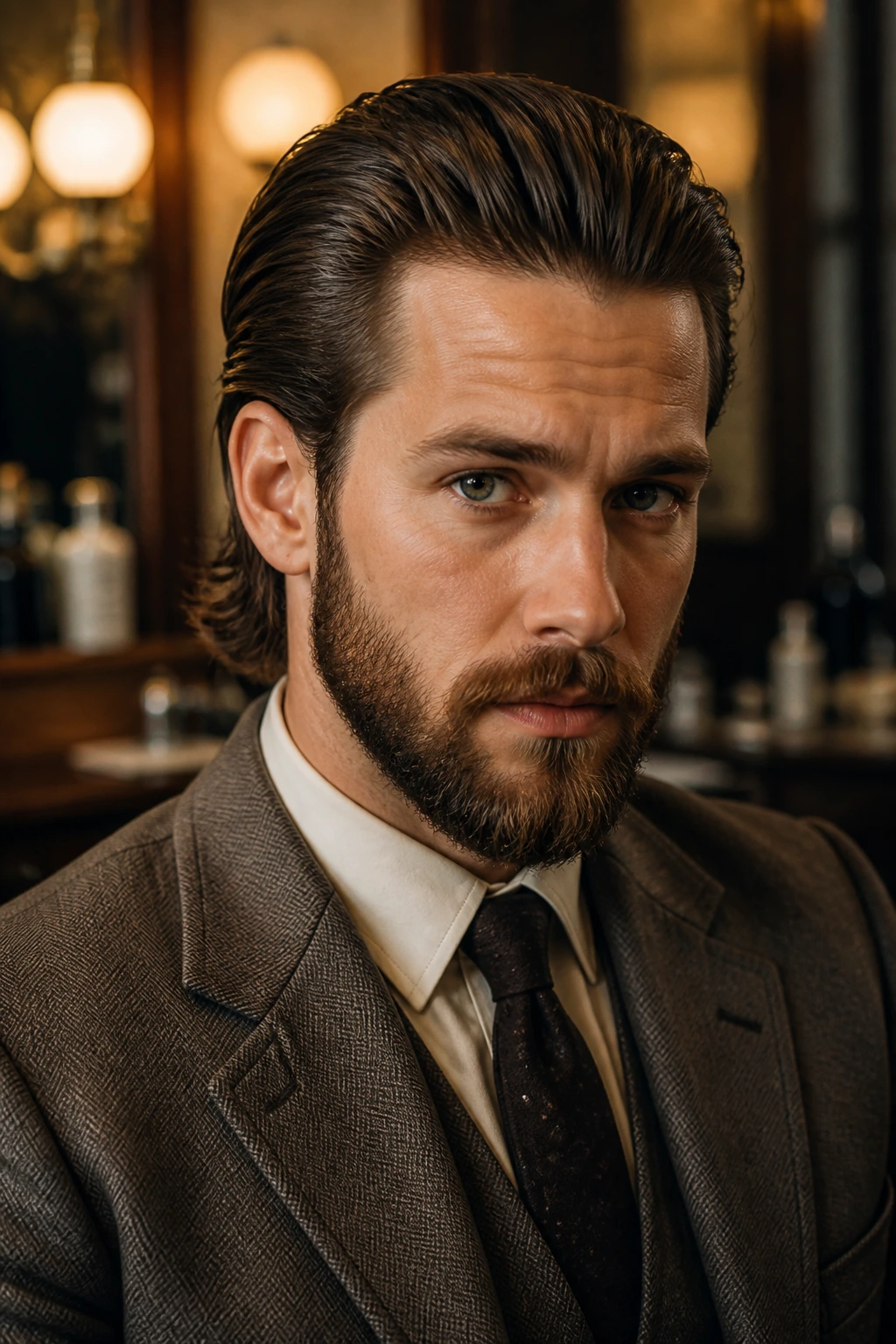Portrait of a man with polished slick-back long hair and tucked sides in a vintage barber shop.
