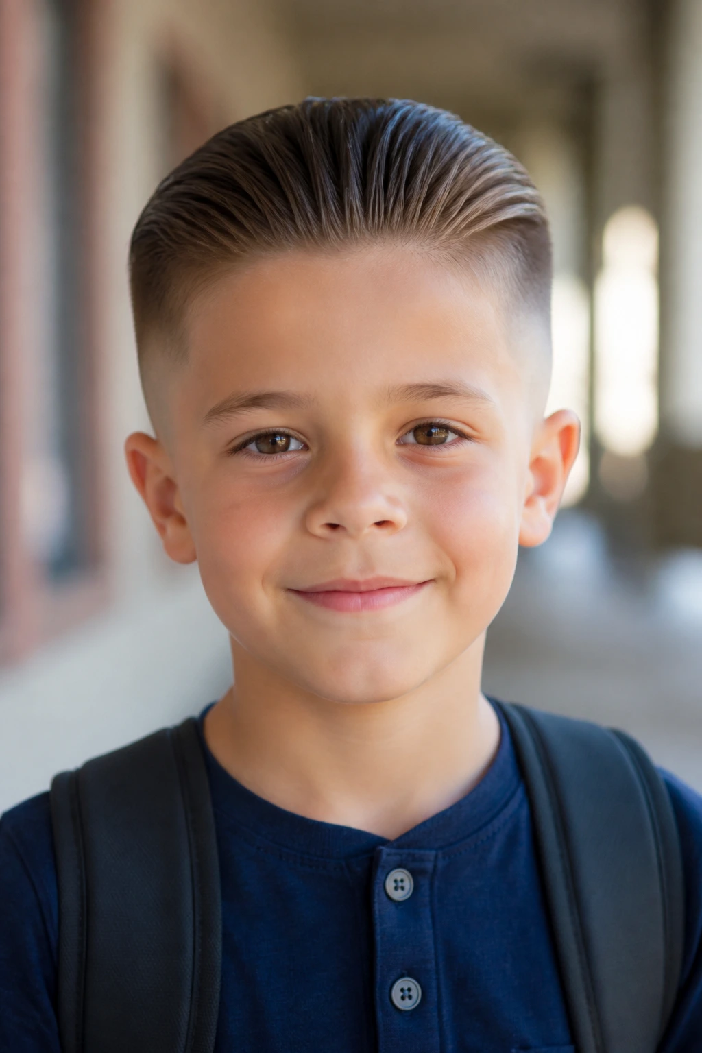 Close-up portrait of a real boy with slicked-back hair and low fade