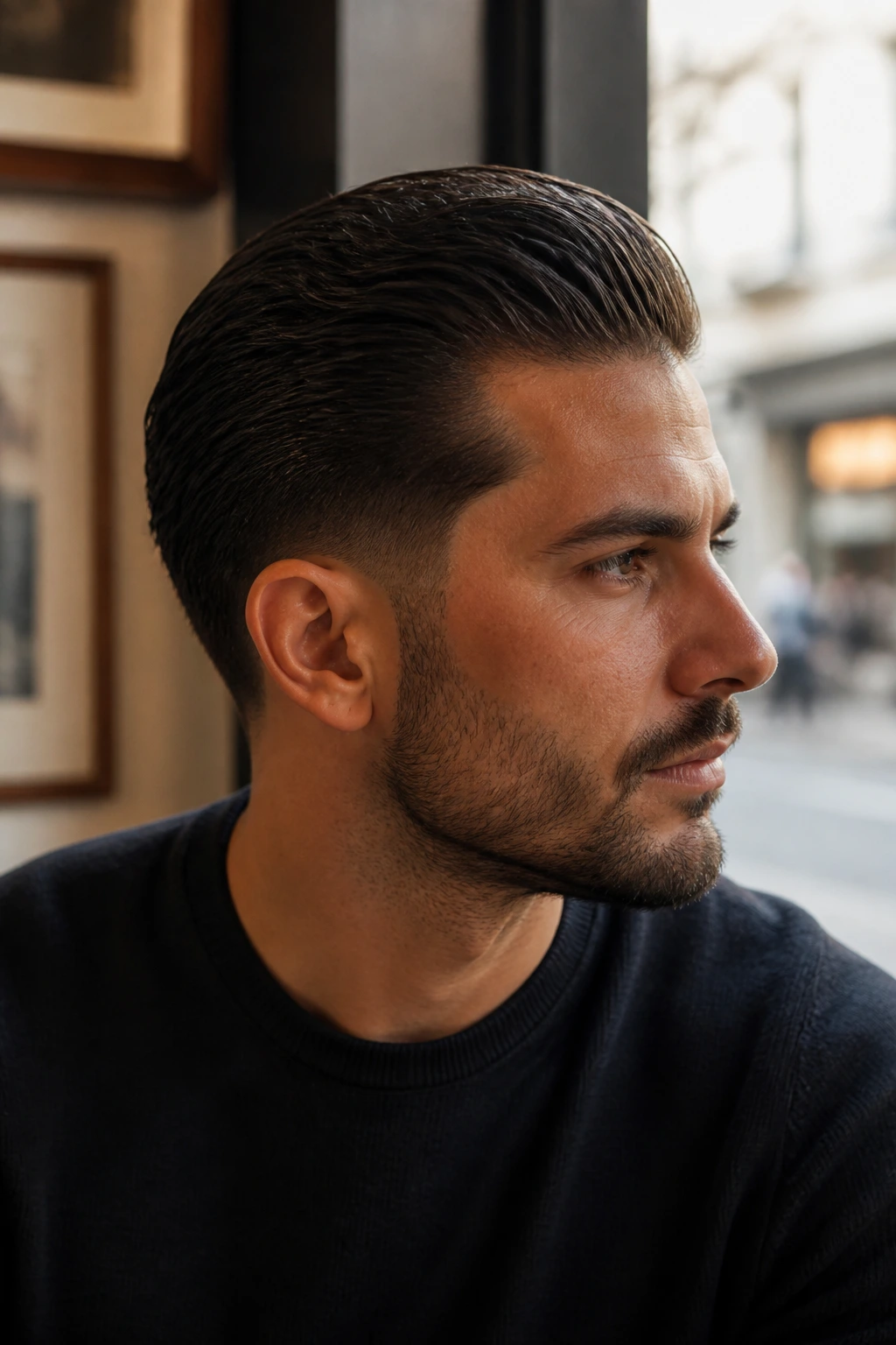 Man with slick back and low taper