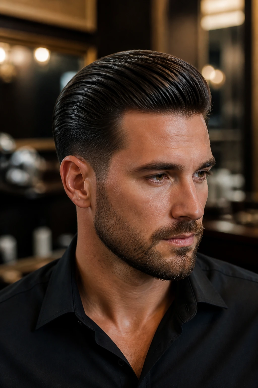 Close-up of man with slicked-back hair and medium shine