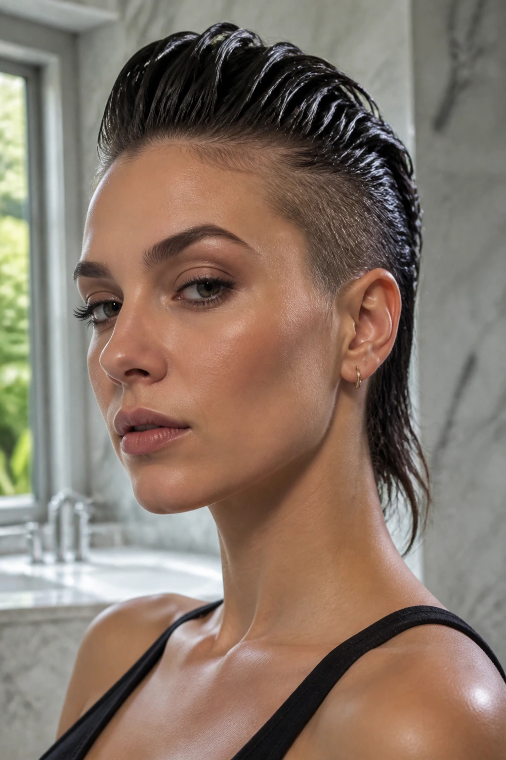 Real woman with sculpted wet-look slick-back mohawk