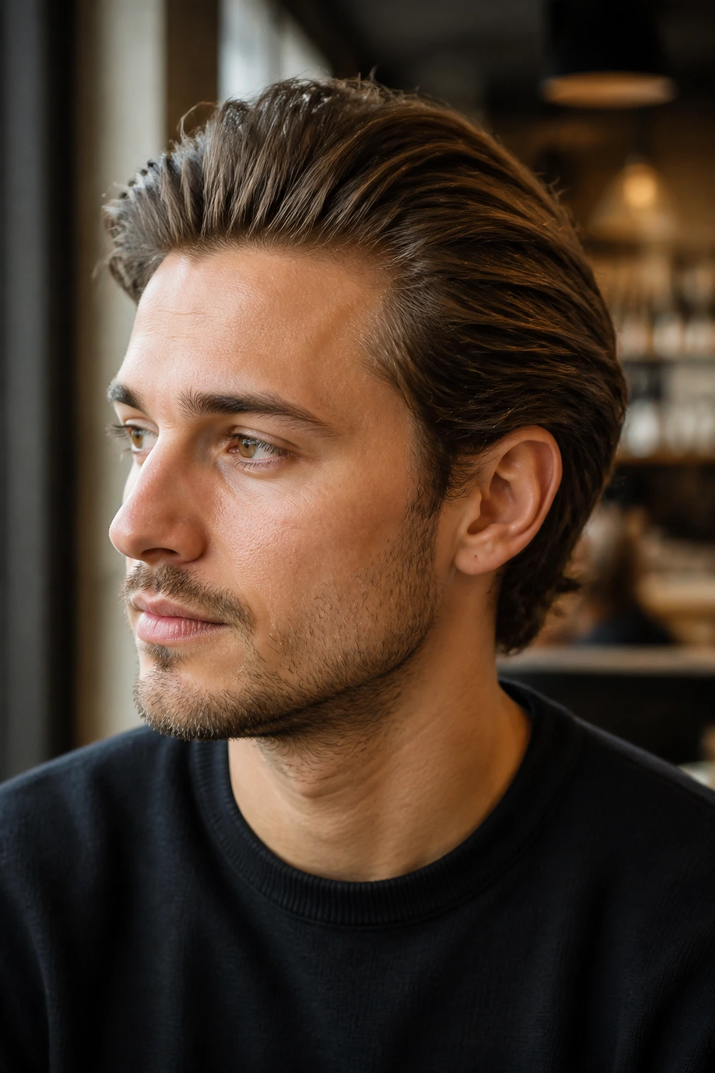 Man with slick back hairstyle showing movement