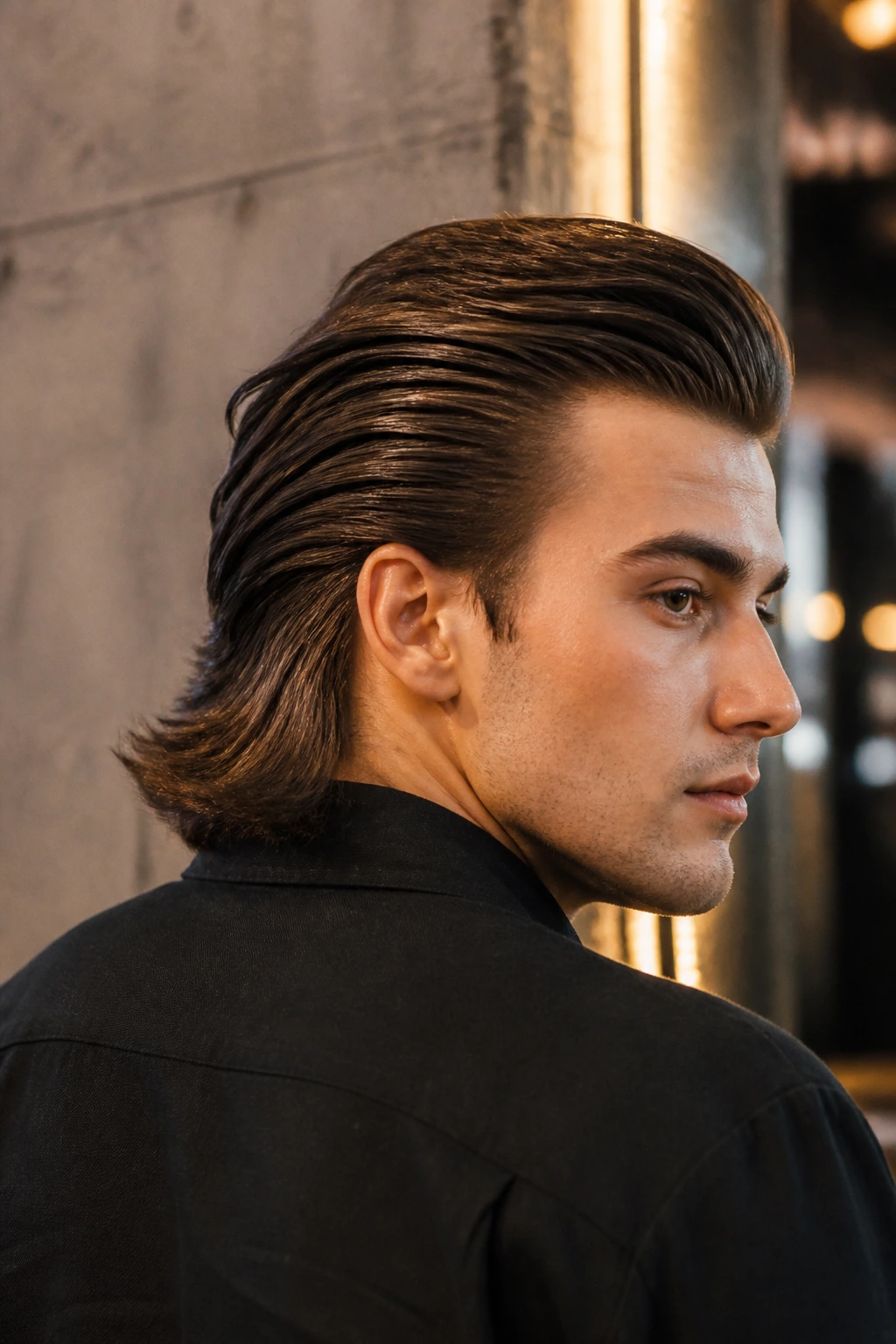 Portrait of a real person with a slick-back mullet in a chic interior.