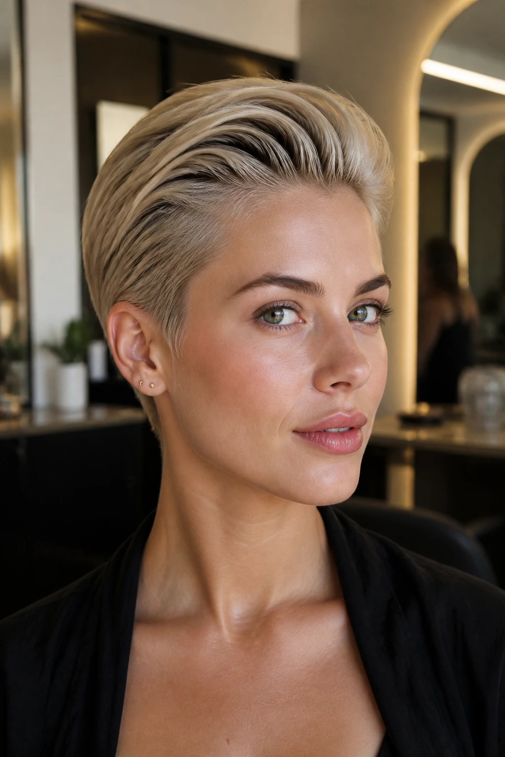 Close-up portrait of a real person with slick-back pixie in a modern dressing room