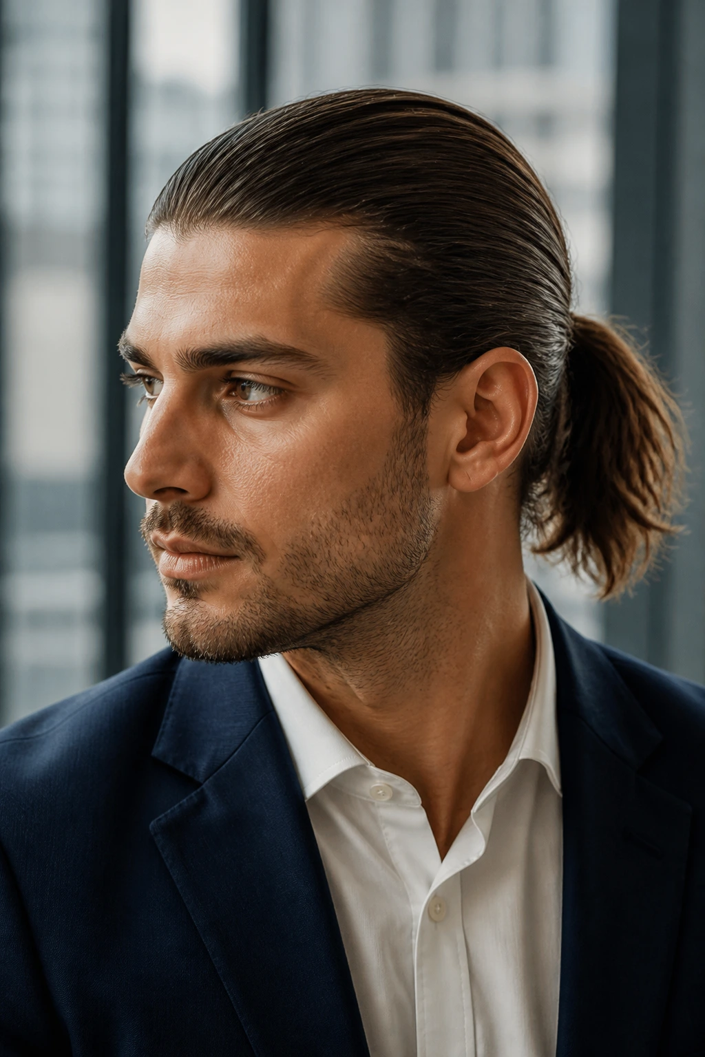 Man with slick-back ponytail and clean lines