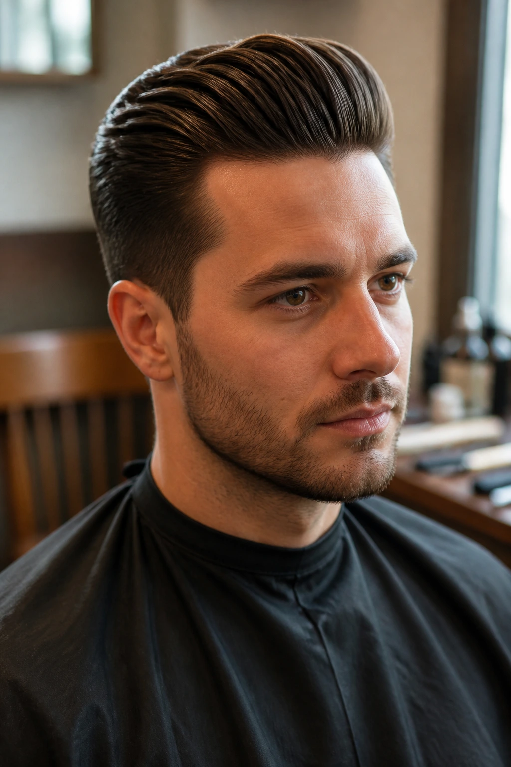 Close-up portrait of a man with a slicked-back quiff in a barber shop setting