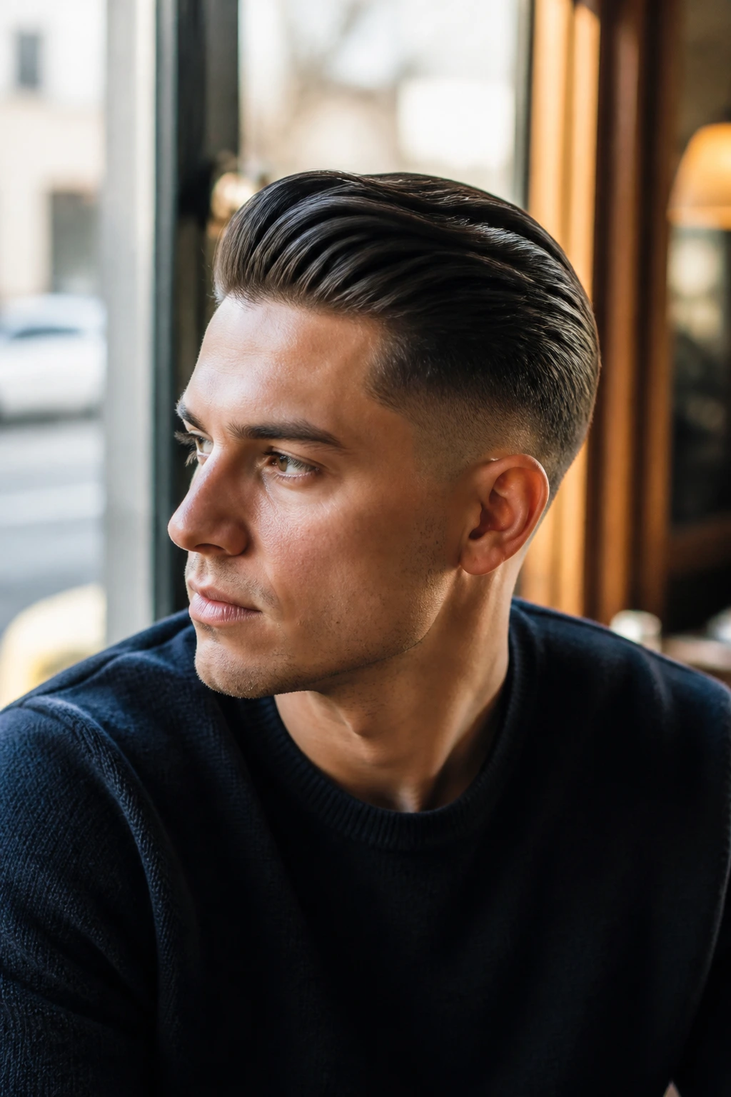 Portrait of a man with a slick back and tapered sides in cafe light