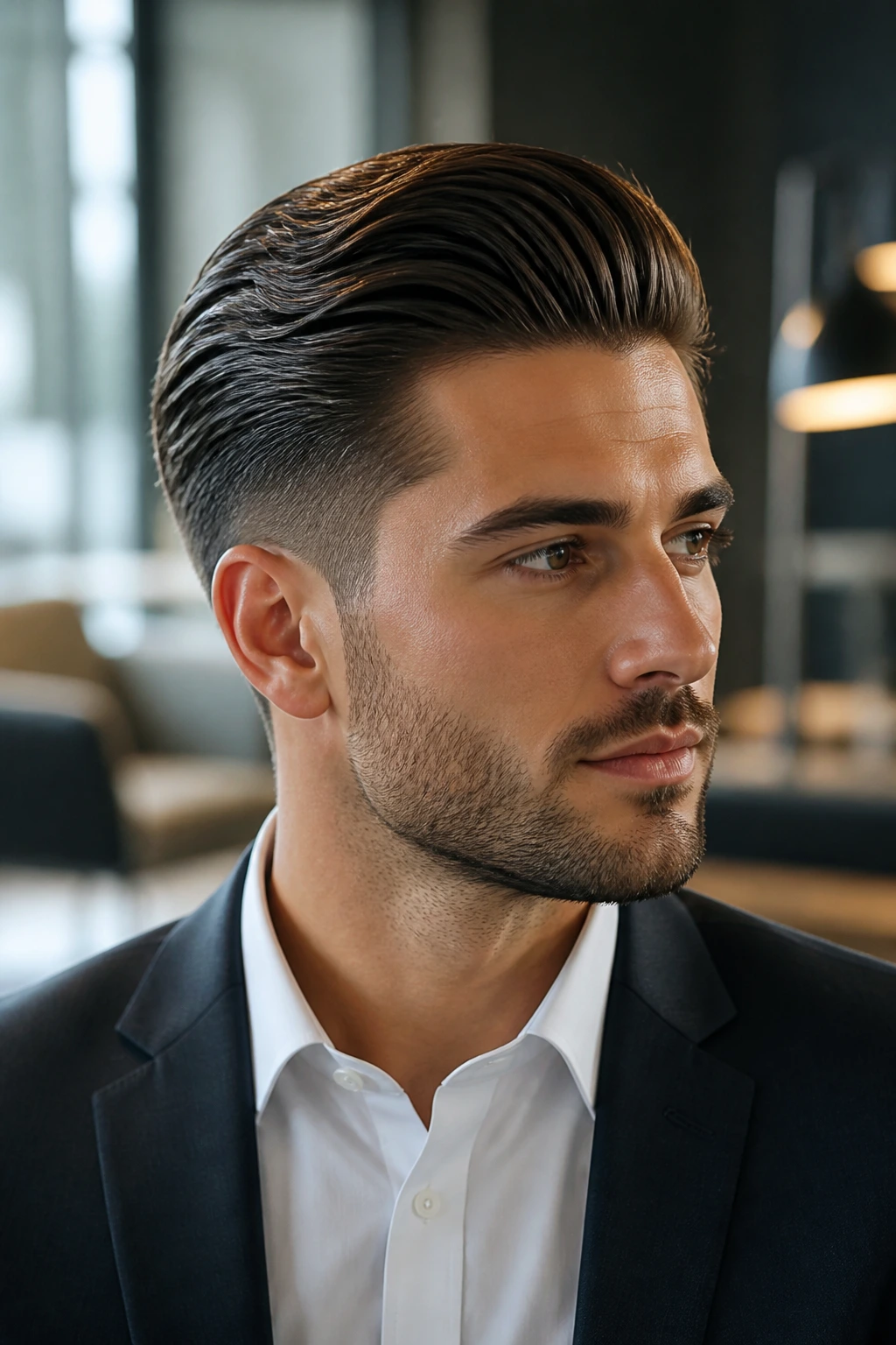 Close-up of a man with a slick-back taper in a modern office