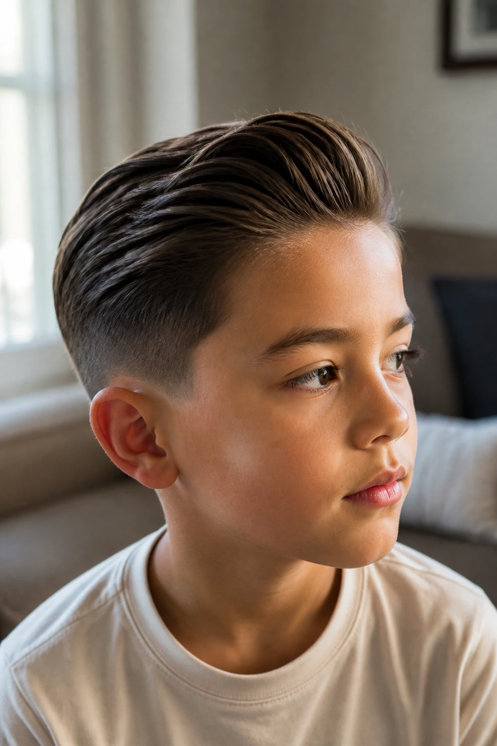 Boy with slick back taper hairstyle in natural light