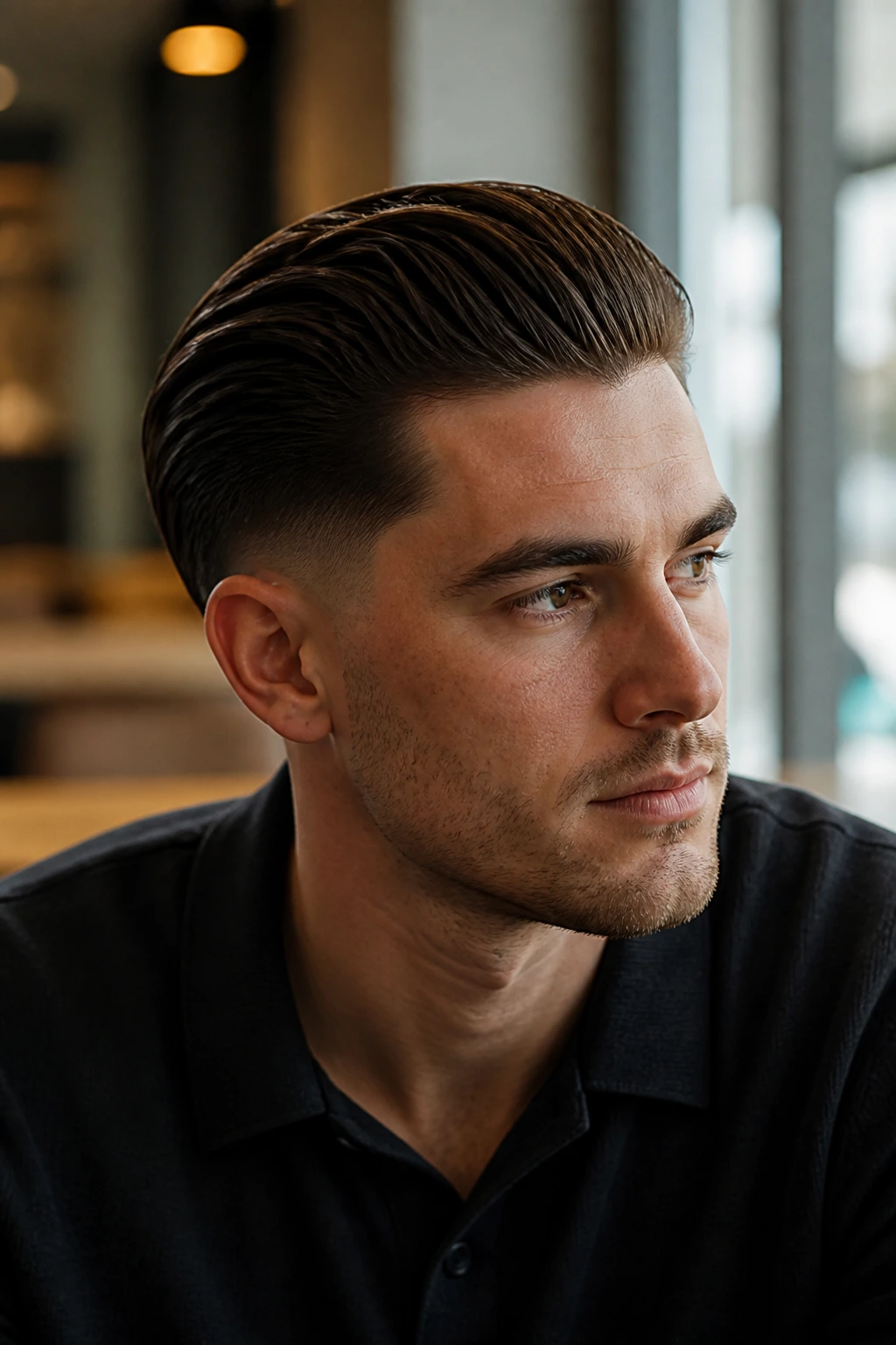 Close-up of a real man with a slick back and tapered sides in a cafe setting.
