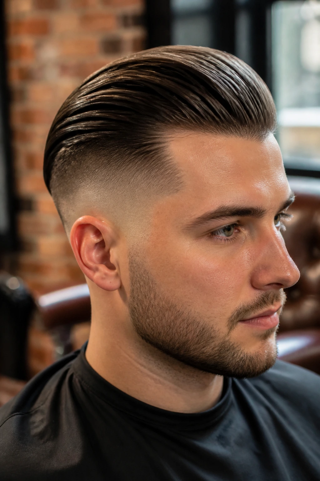 Close-up portrait of a man with a slick back undercut in a barbershop setting