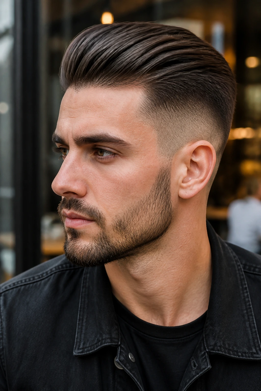 Portrait of a man with matte-finish slick back undercut