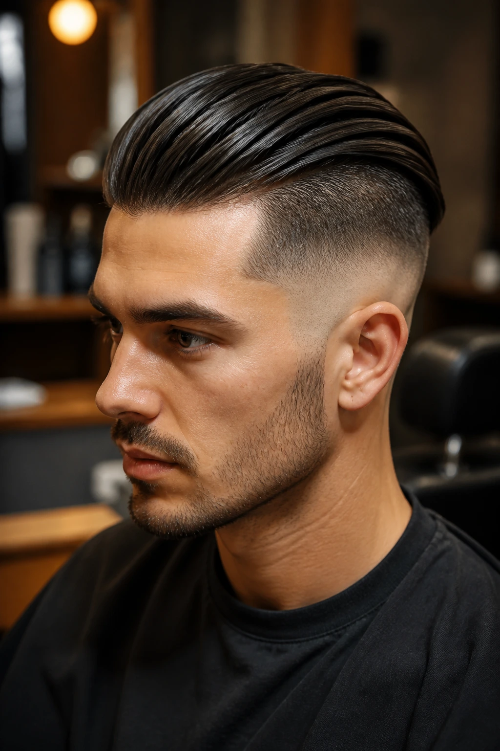 Portrait of a man with an undercut and slicked-back top in barbershop light