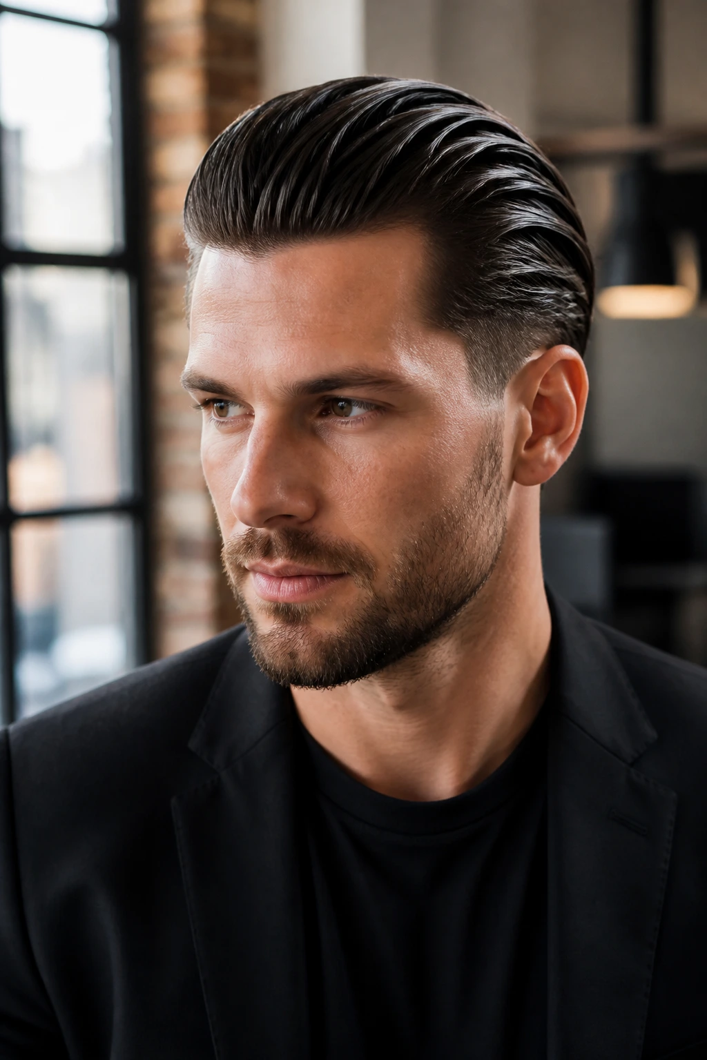 Portrait of a man with slicked-back hair in a modern office loft setting