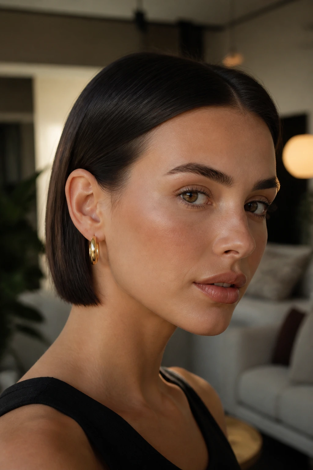 Close-up of a real woman with a sleek bob tucked behind the ears