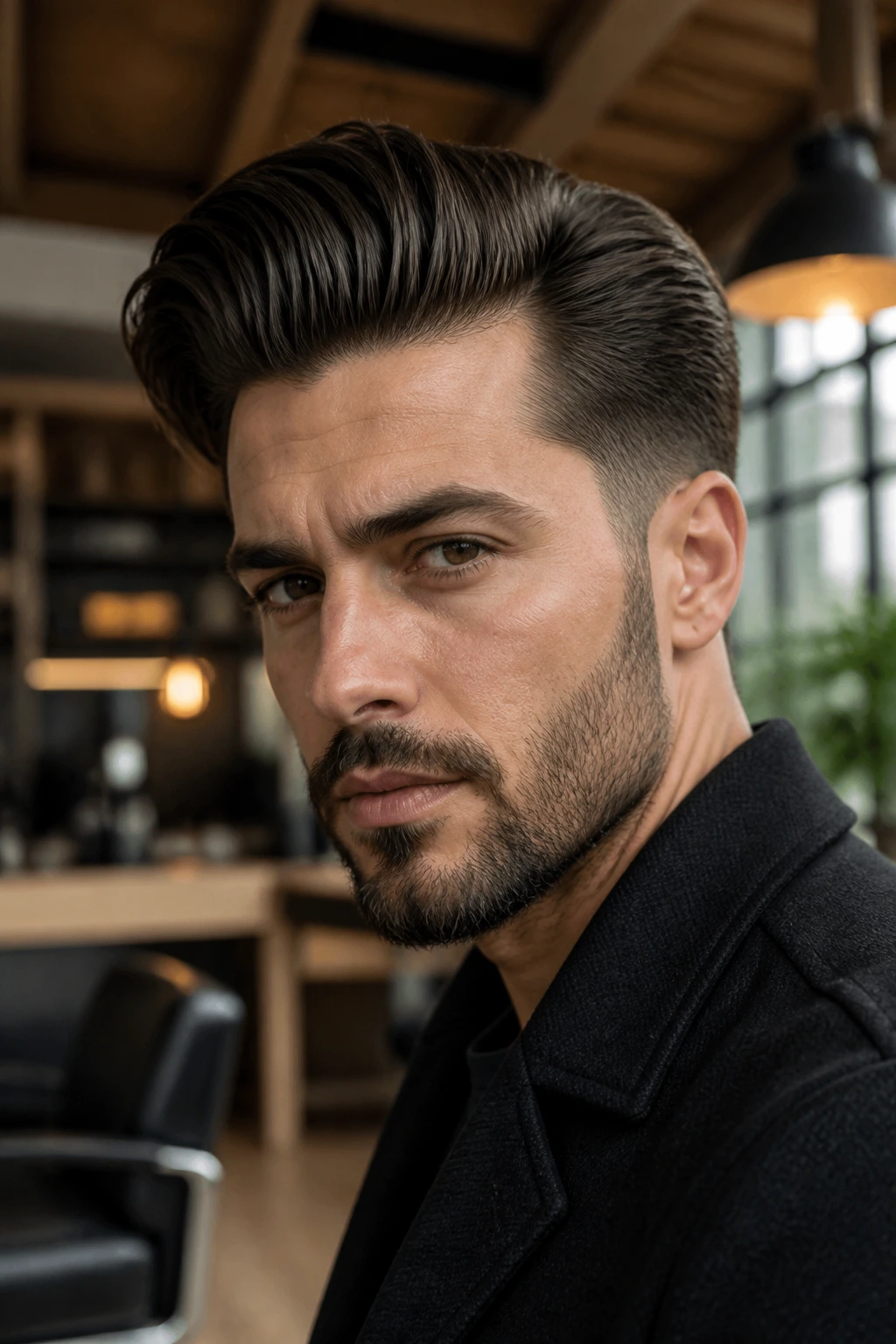 Close-up portrait of a man with a slick comb over pompadour in a modern loft.