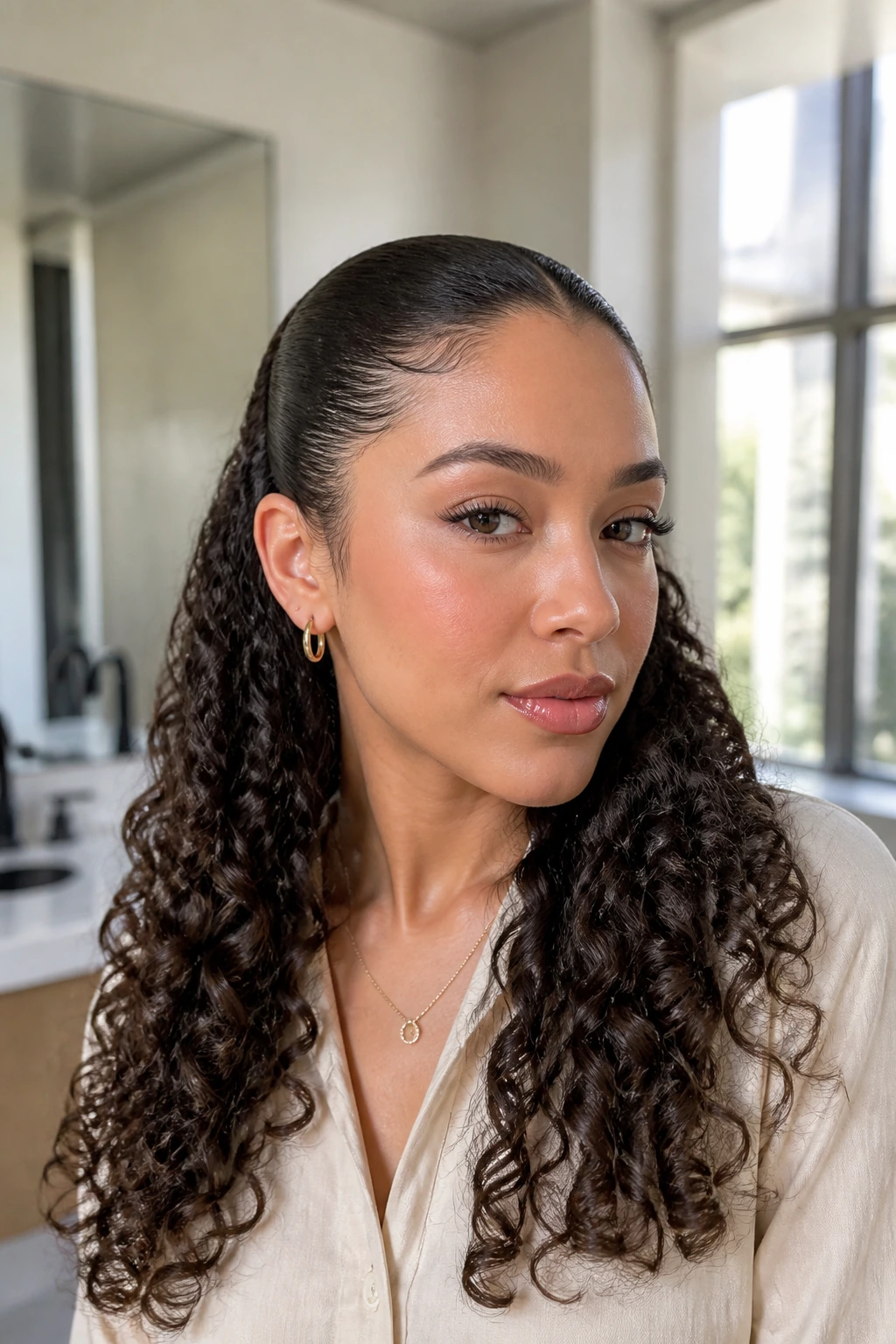 Portrait of a woman with selective slicking on crown and hairline