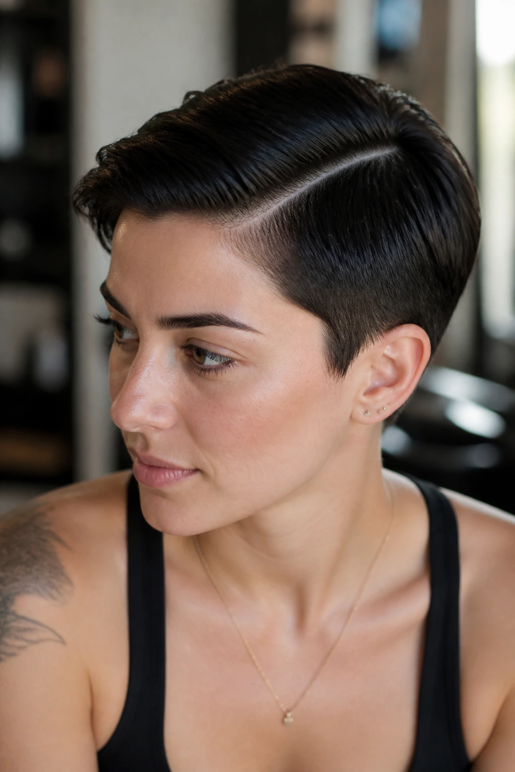 Close-up portrait of a woman with a slick pixie and hard part