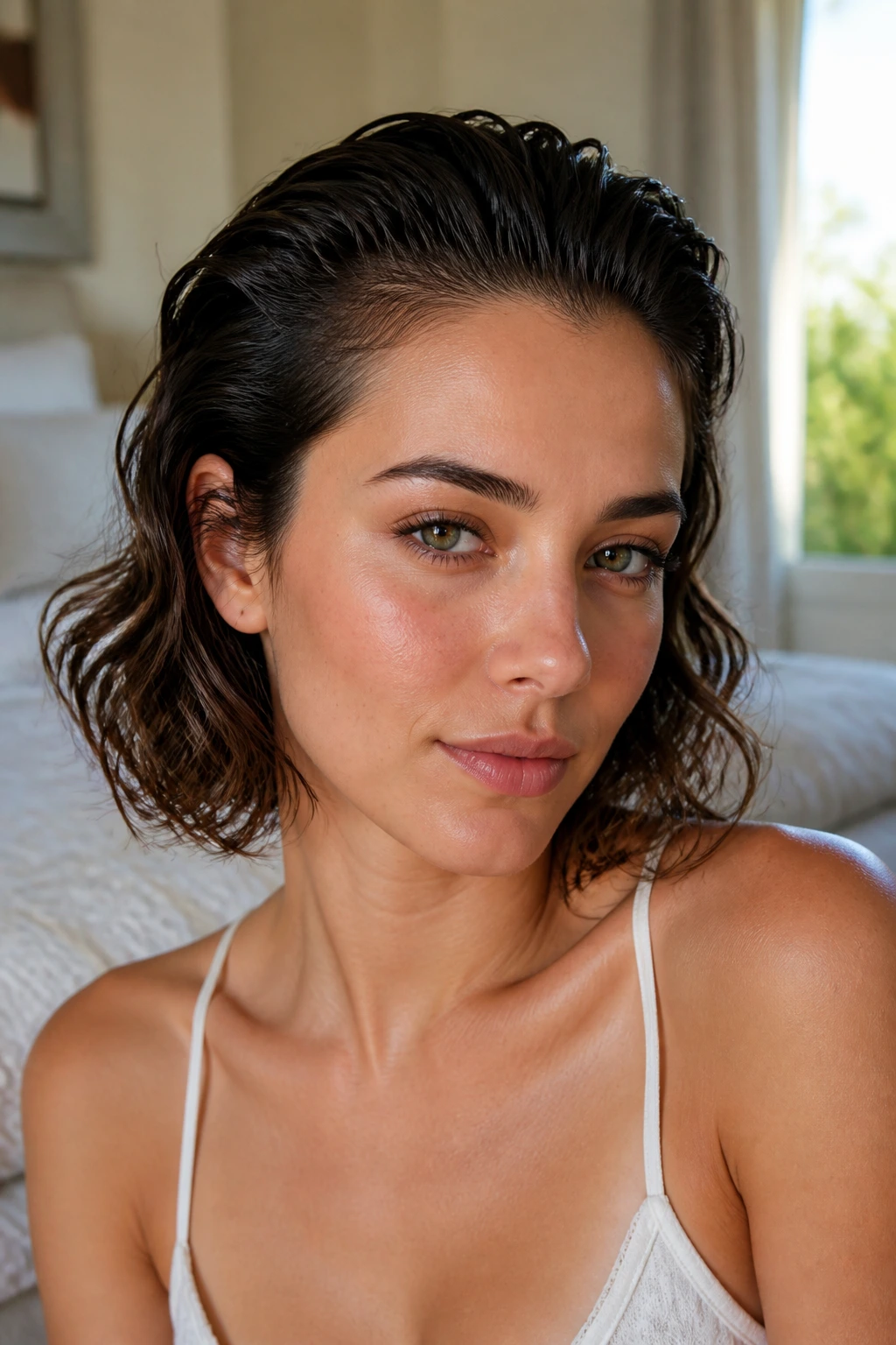 Close-up portrait of a real woman with slick roots and wavy ends in short hair
