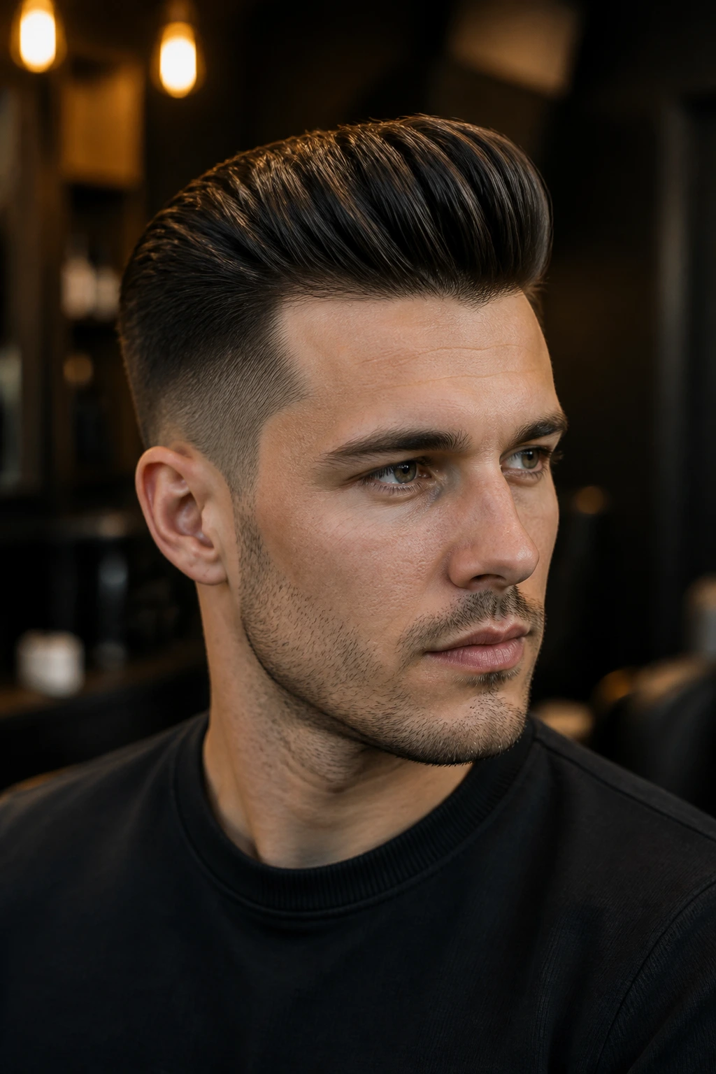 Close-up of a man with a slick-shine quiff under warm ambient light