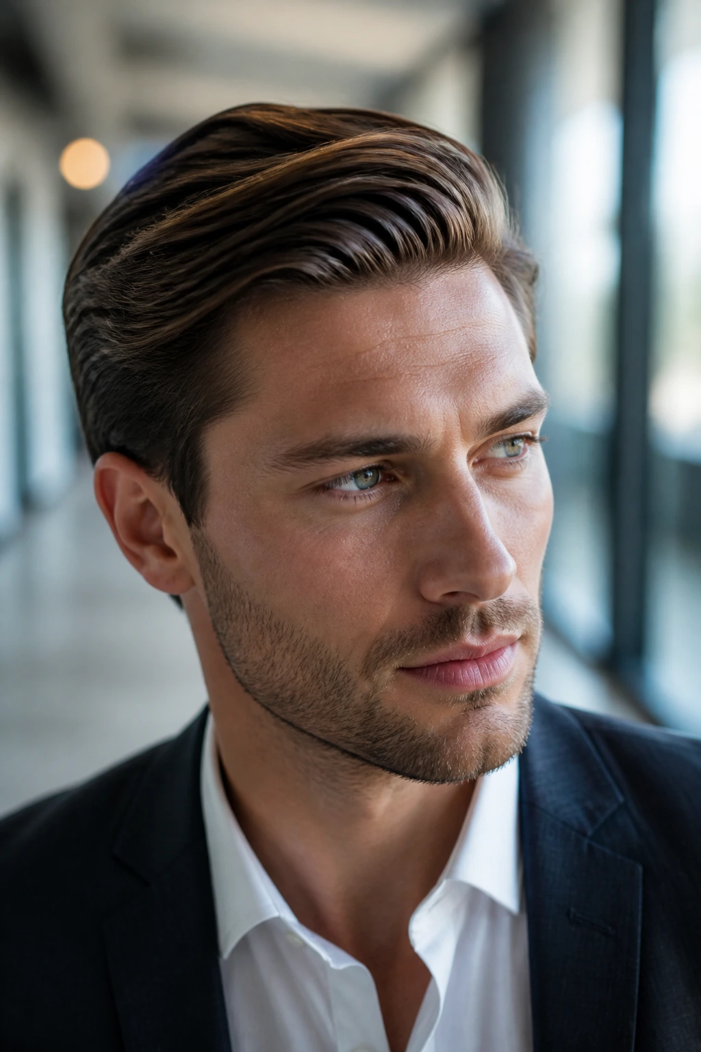 Close-up of man with slick side sweep hairstyle in office hallway