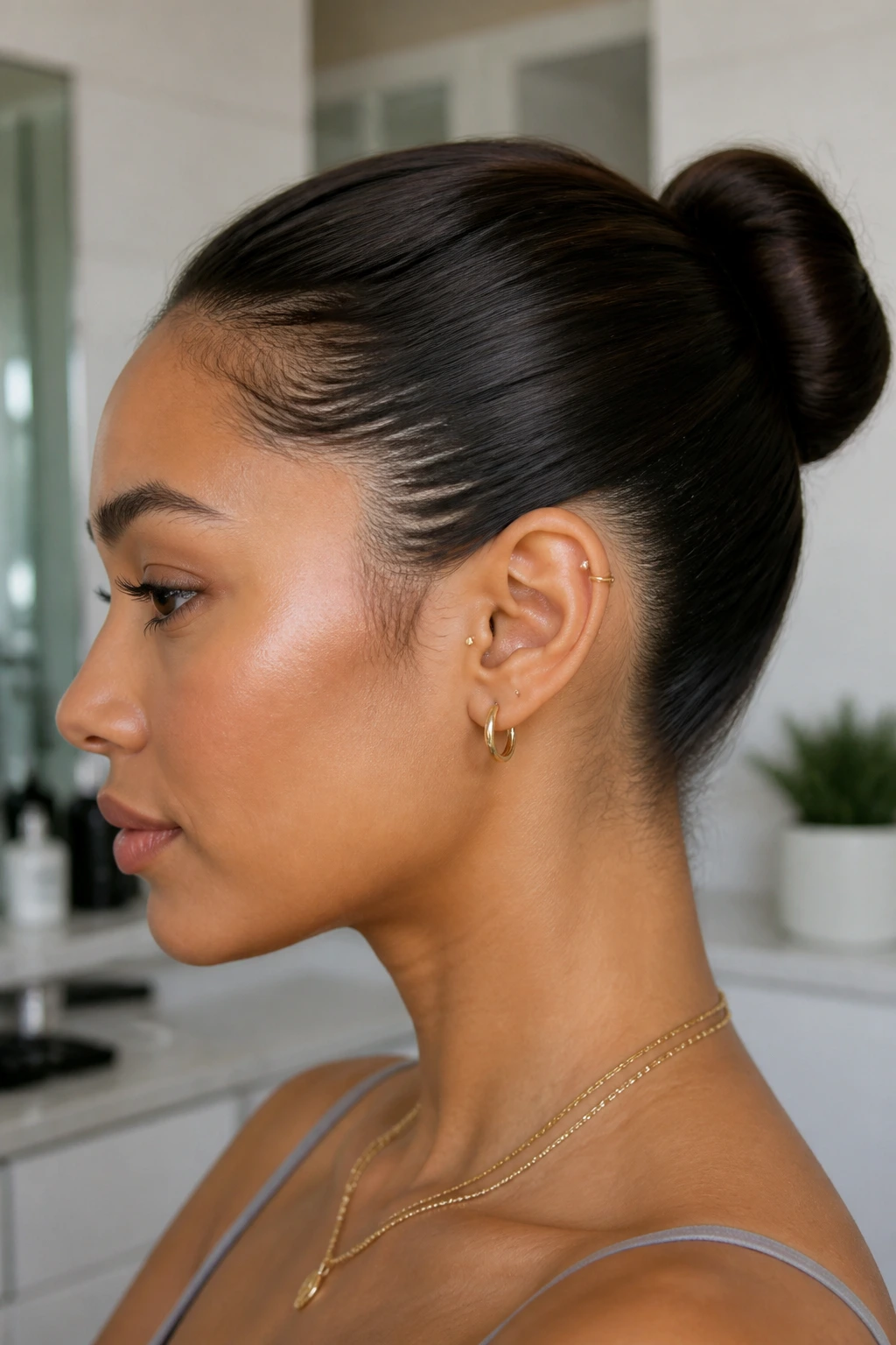 Close-up of a real woman with slicked sides and a neat high bun